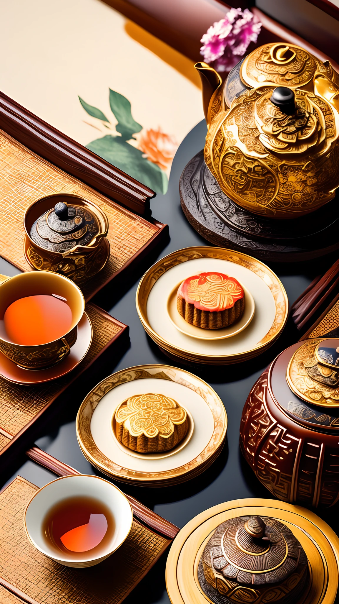 (a detailed close up portrait of a moon cake), (a cup of tea), (a tea pot poster), (best quality, highres, ultra-detailed), (realistic), (portraits), (vivid colors), (warm color tones), (soft lighting), (delicious details), (traditional Chinese dessert), (intricate patterns), (elegant tea set), (moonlit background), (artistic composition), (delicate textures), (fine brushwork), (subtle shadows), (harmonious color palette), (crisp focus), (meticulous craftsmanship), (rich flavors), (authentic tea ceremony), (captivating aroma), (artistic creativity), (precise lighting), (mouth-watering presentation), (stimulating senses), (meticulous details), (rich cultural symbolism), (teatime indulgence), (authentic Chinese cuisine), (eye-catching visual appeal), (enjoying tranquility), (celebratory atmosphere), (enticing arrangement), (traditional symbolism), (exquisite plating), (fine dining experience), (attention to detail), (sensory delight), (appetizing colors), (fragrant tea leaves), (delightful combination).