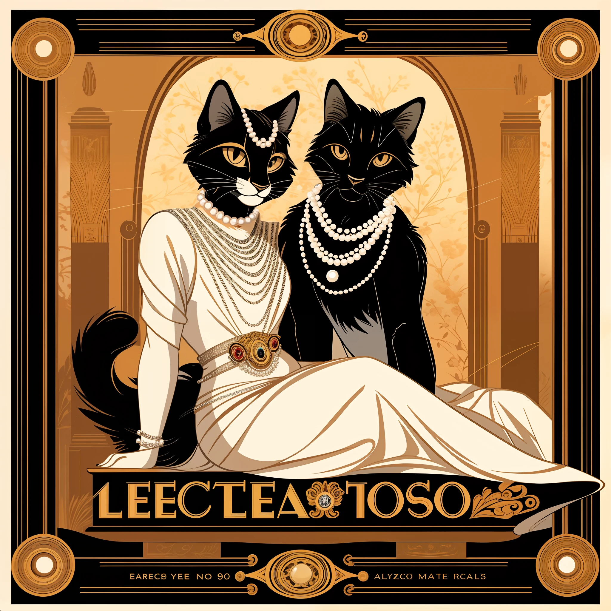 vector art, arafed black cat sitting on a pedestal with a pearl necklace, elegant cat, 1920s advert, 1960s advertisement, luxury advertisement, magazine advertisement, 1960s perfume bottle ads,