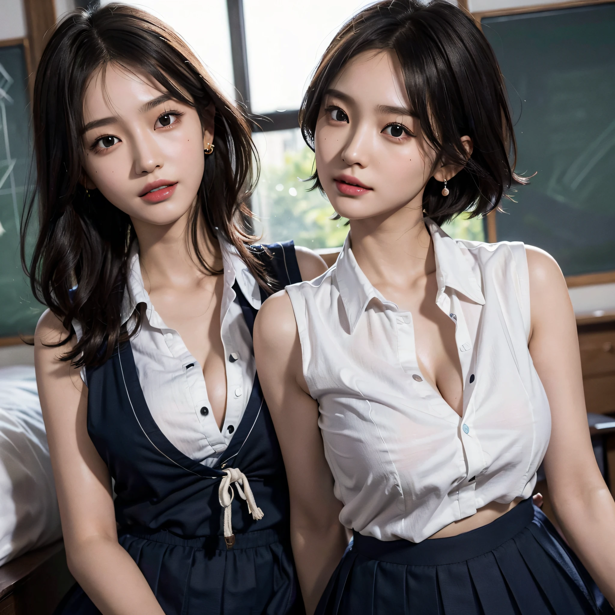 absurdres, RAW photo, extremely delicate and beautiful, masterpiece, Best Quality, ultra high resolution, 16k, hyperrealistic, ultra-detailed, Very detailed CG 8k wallpaper, Beautiful Lighting, Perfect Lightning, Realistic Shadows, perfect anatomy, super Detailed skin, perfect figure, Japanese woman, late 20s, very Slim body, narrow waist, very small head, handsome detailed woman, very detailed eyes and face, realistic face proportions, Stunning detailed eyes, Realistic beautiful face, very small face, Realistic small beautiful eyes, double eyelids, makeup, tearful mole, mole on chest, earring, bare legs, beautiful and very thin legs, beautiful and very thin thighs, (((very huge round breasts))), (full body shot), (((short hair))), wavy hair, (((korean school uniform, summer school uniform shirt, dress shirt))), midriff peek, ((sleeveless)), ((yuri)), (2girls),