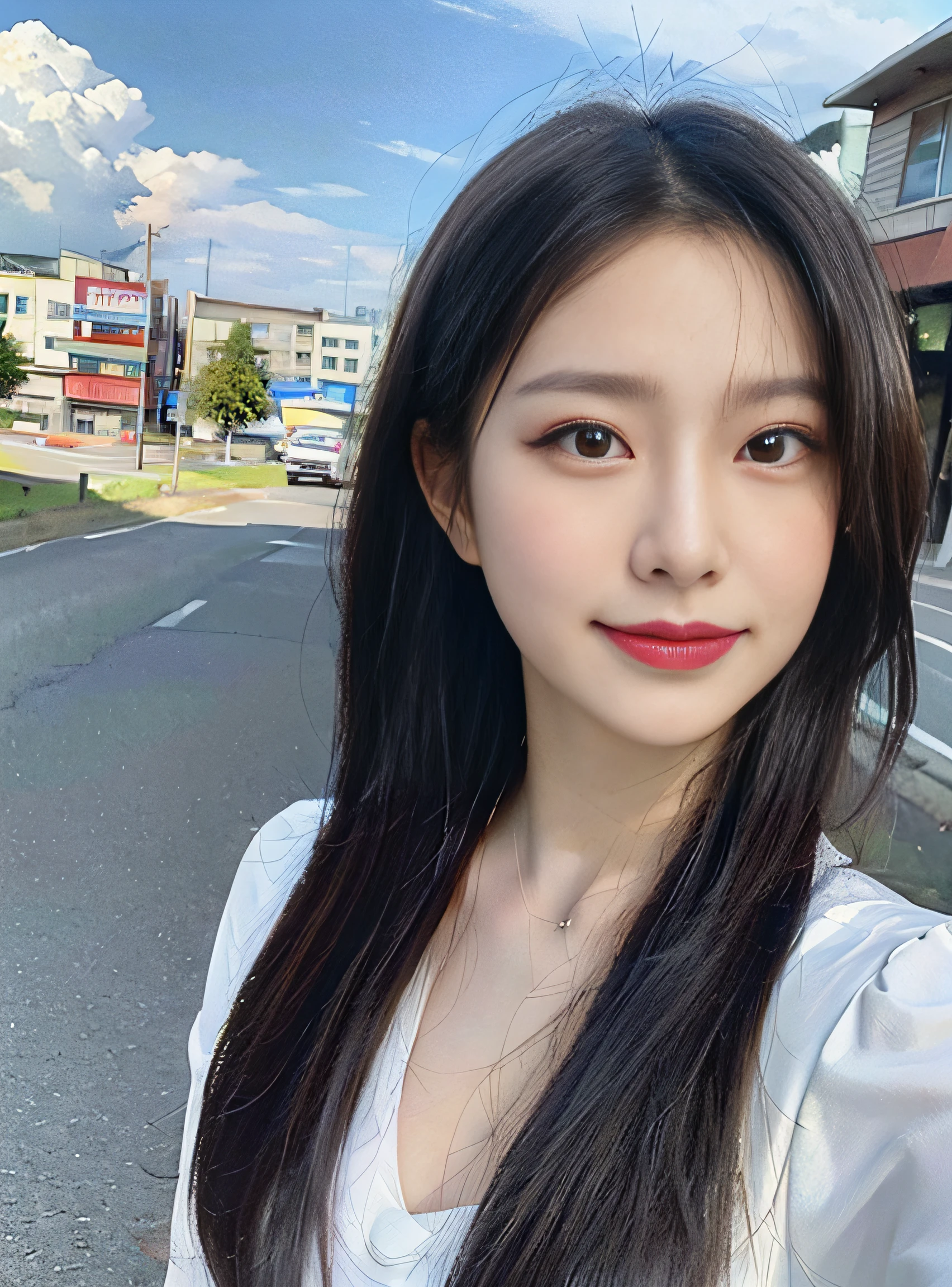 ((Best Quality, 8K, Masterpiece:1.3)), A beautiful girl, pure, melon face, gentle and cute, sweet smile, pure desire, thin figure, (frontal), (tilted head), looking directly at the camera, uniform, obi, formal, black silky long straight hair, long hair flowing over the shoulders, round black big eyes, clear big eyes, moist red lips, sweet, sitting on the side of the road, blue sky and white clouds, grass, buildings,
