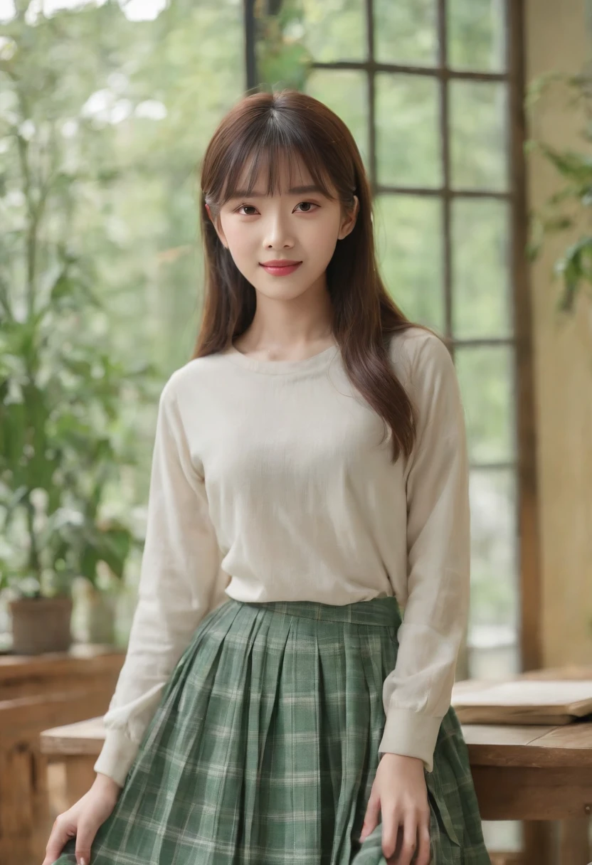 top-quality, Photorealsitic, masterpiece, 8K, Hi-Res, 独奏, 1girl, (((infp young woman))),sixteen years old、full bodyesbian、(small tits), ((Look at viewers)), (look at a camera), ((Various hairstyles close to long))、Perfect straight black hair、((With bangs))、 (profetional lighting), Highly detailed bright face、Gentle Japan girl、lovely smile、Green T-shirt(long-sleeve)、Checked pleated skirt、Standing in the room