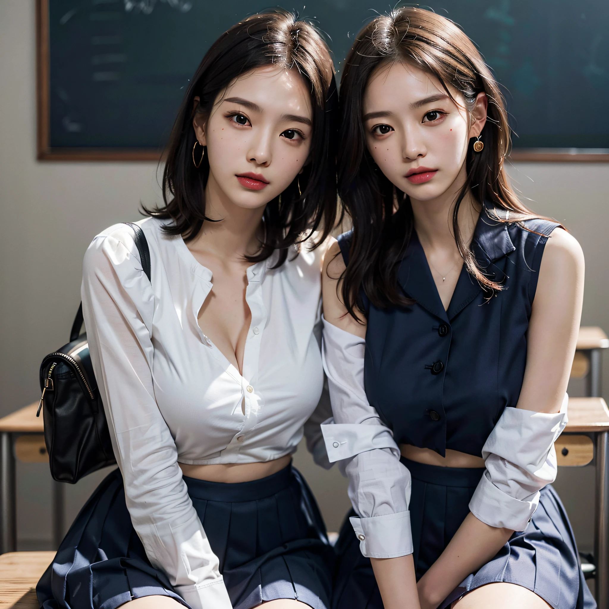 absurdres, RAW photo, extremely delicate and beautiful, masterpiece, Best Quality, ultra high resolution, 16k, hyperrealistic, ultra-detailed, Very detailed CG 8k wallpaper, Beautiful Lighting, Perfect Lightning, Realistic Shadows, perfect anatomy, super Detailed skin, perfect figure, Japanese woman, late 20s, very Slim body, narrow waist, very small head, handsome detailed woman, very detailed eyes and face, realistic face proportions, Stunning detailed eyes, Realistic beautiful face, very small face, Realistic small beautiful eyes, double eyelids, makeup, tearful mole, mole on chest, earring, bare legs, beautiful and very thin legs, beautiful and very thin thighs, (((very huge round breasts))), (full body shot), ((short hair)), wavy hair, (((korean school uniform, summer school uniform shirt, dress shirt))), midriff peek, ((sleeveless)), (((yuri))), ((2girls)),