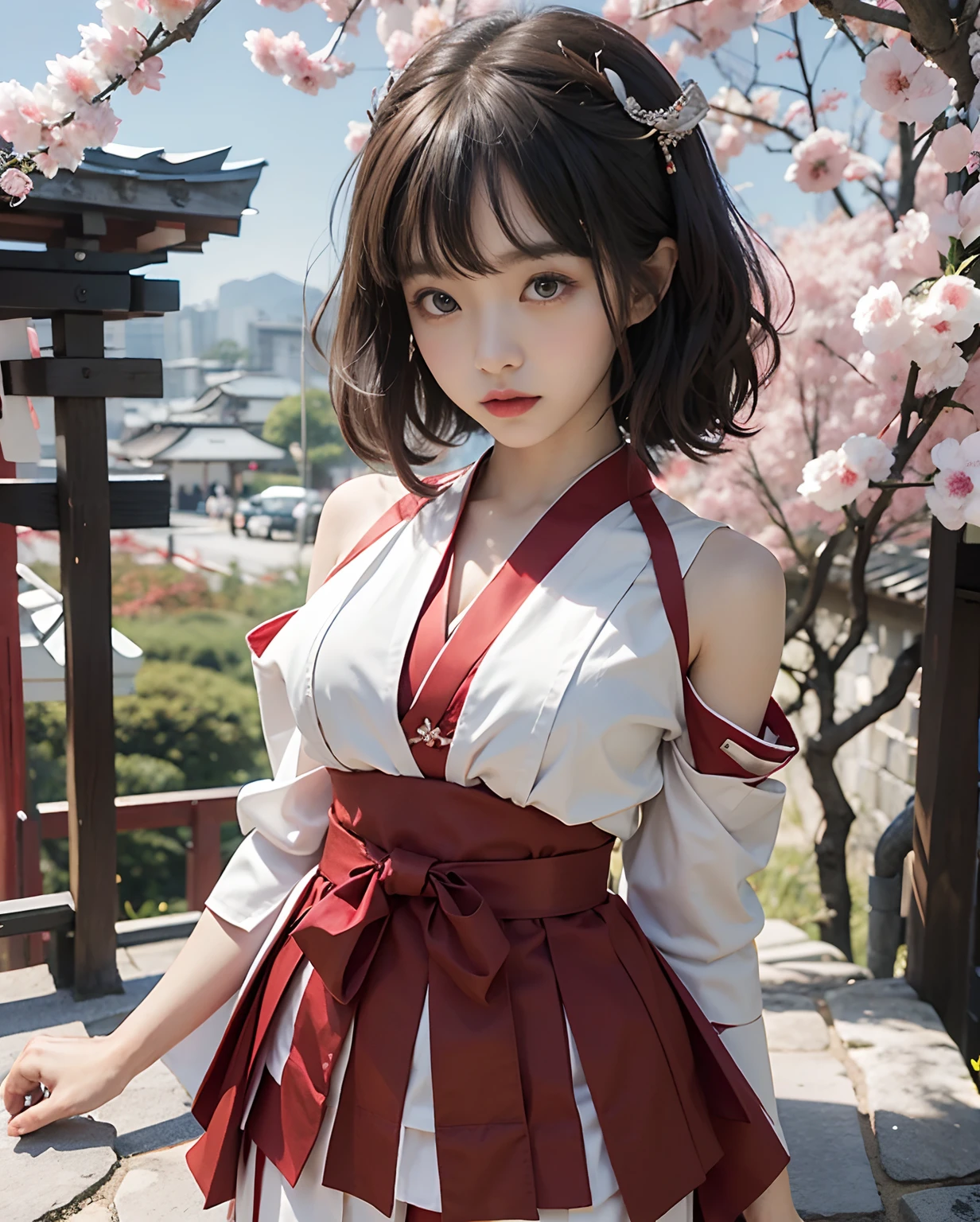 Woman in red skirt and white shirt is taking pictures, japanese girl school uniform, hakama kimono, Japan school uniform, Collar white and red, A Japanese style, Red kimono, Japanese style, traditional japanese, Wearing Hakama, japanese kimono,The background is indoors,The background is indoor，No bra，feet visible ，You can see the valley ，cleavage of the breast ，Furisode ，Wide sleeves ，Wearing a priestess uniform ，shoulders can be seen ，Shoulder skin is visible ，Shoulders exposed ，Face sizes up to 6 heads ，Natural Face Size ，Balanced face size ，Make your face smaller ，Make a small face