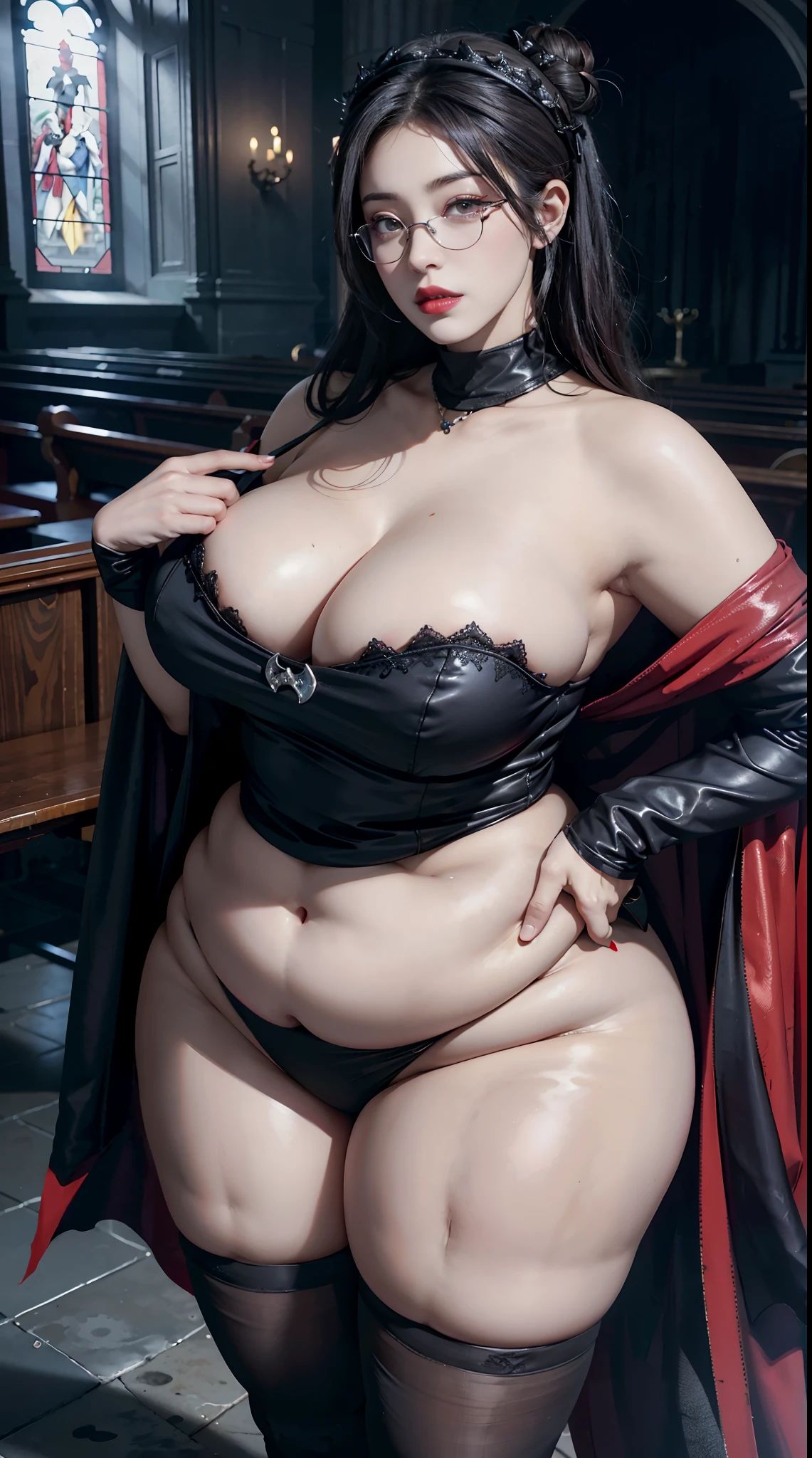 in the darkness nigth: 1.6), surreal female portrait by David Hockney and Alphonse Mucha, Fantasyart, Japan Mature Woman, photorealisti, 动态照明, art stations, inside a church, Volumetriclighting, very highly detailed face, 8K Ultra, Award-Awarded, in the darkness nigth, deep shading, low tune, cowboy lens, (Nun dress: 1.4), long whitr hair, brunette color hair, Huge bust,beachside,trpical garden, devil crown,red eyes make up very sharp and detailed, The most beautiful face, The breasts are large and round, Ultra photo realsisim, attractive smile, having fun,The eye makeup is good,Guviz,devil style,wearing black mesh socks, pony tails,There is a bow tied behind the hair, Red black lips,Devil tattoo on the shoulder,Wearing a thin red and black robe,The scenery is gloomy and thunderous,(sportrait),Close-up of main character,(Background detail 1.8),super breasts,Huge buttocks,A MILF,Eye makeup,Gloss on lips,Charming,middle aged women,leg apart,camel-toe,Ass focus,Butt to the camera,rosette,Red Jewel,(Sexy nun),Love glasses,fumo,rear-entry,Fishing nets,hair-bun,Hairpin,Breasts are larger than the body,super breasts,pubes,ssmile,Be red in the face