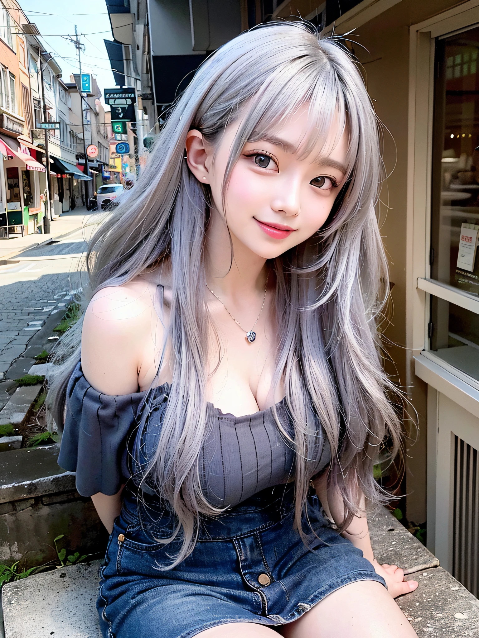 (surrealistic), (illustratio), (hight resolution), (8k picture), (ighly detailed), (The best illustrations), (beatiful detailed eyes), (top-quality), (ultra-detailliert), (masterpiece), (wall-paper), (详细的脸), 独奏, 1girl in, Gray wavy hair、Off-the-shoulder clothing、huge smile、Blushing cheeks、bangss、Colossal tits、Constriction of the lower back、skinny thigh、small ass、Beautiful bangs、Look at your audience、a necklace、耳Nipple Ring、Watching from above、main street、Sit up、