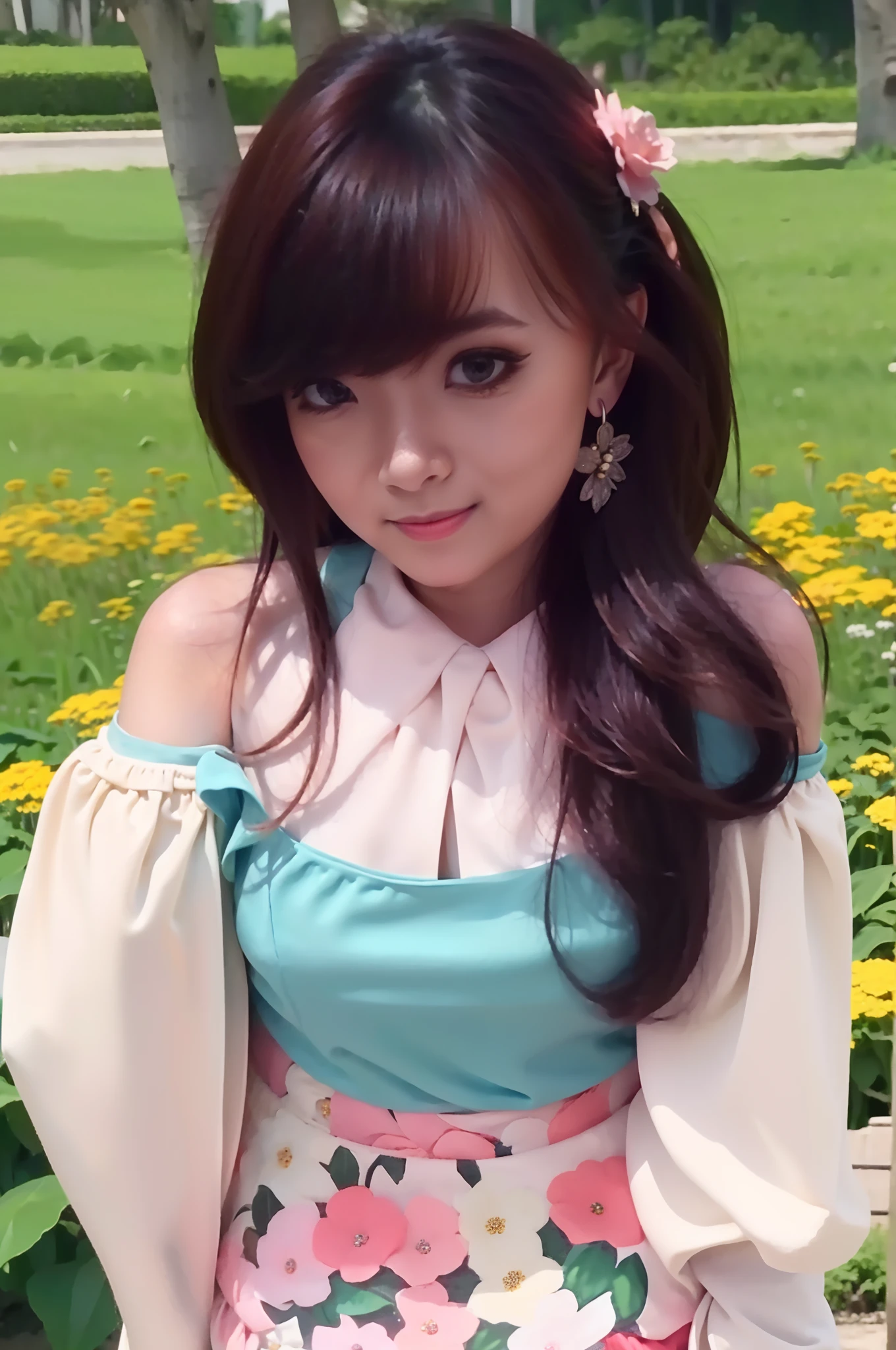 1female, beautiful face, standing feminine style, at the flower garden, wearing off-shoulder shirt, hotskirt, love earrings, long bangs hair, full body, close up, little smile, ultra high quality, Masterpiece