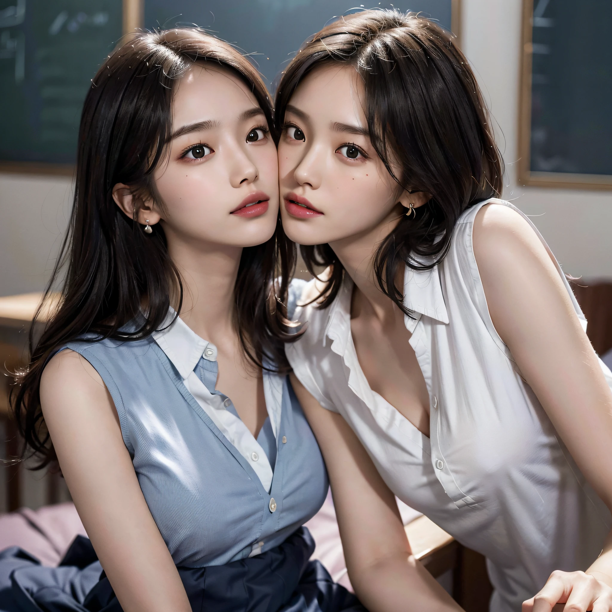 absurdres, RAW photo, extremely delicate and beautiful, masterpiece, Best Quality, ultra high resolution, 16k, hyperrealistic, ultra-detailed, Very detailed CG 8k wallpaper, Beautiful Lighting, Perfect Lightning, Realistic Shadows, perfect anatomy, super Detailed skin, perfect figure, Japanese woman, late 20s, very Slim body, narrow waist, very small head, handsome detailed woman, very detailed eyes and face, realistic face proportions, Stunning detailed eyes, Realistic beautiful face, very small face, Realistic small beautiful eyes, double eyelids, makeup, tearful mole, mole on chest, earring, bare legs, beautiful and very thin legs, beautiful and very thin thighs, (((very huge round breasts))), (full body shot), ((short hair)), wavy hair, (((korean school uniform, summer school uniform shirt, dress shirt))), midriff peek, ((sleeveless)), (((yuri))), ((2girls, kiss)),