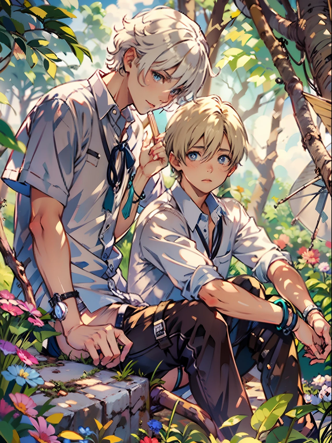 2boys,13 only、(Man's :2) ,Handsome boy,silber hair、a blond、Cutter shirt、chum、Clouds,teepee、Trees、Sunlight、Natural lighting、hightquality、masutepiece,8K,NSFW,