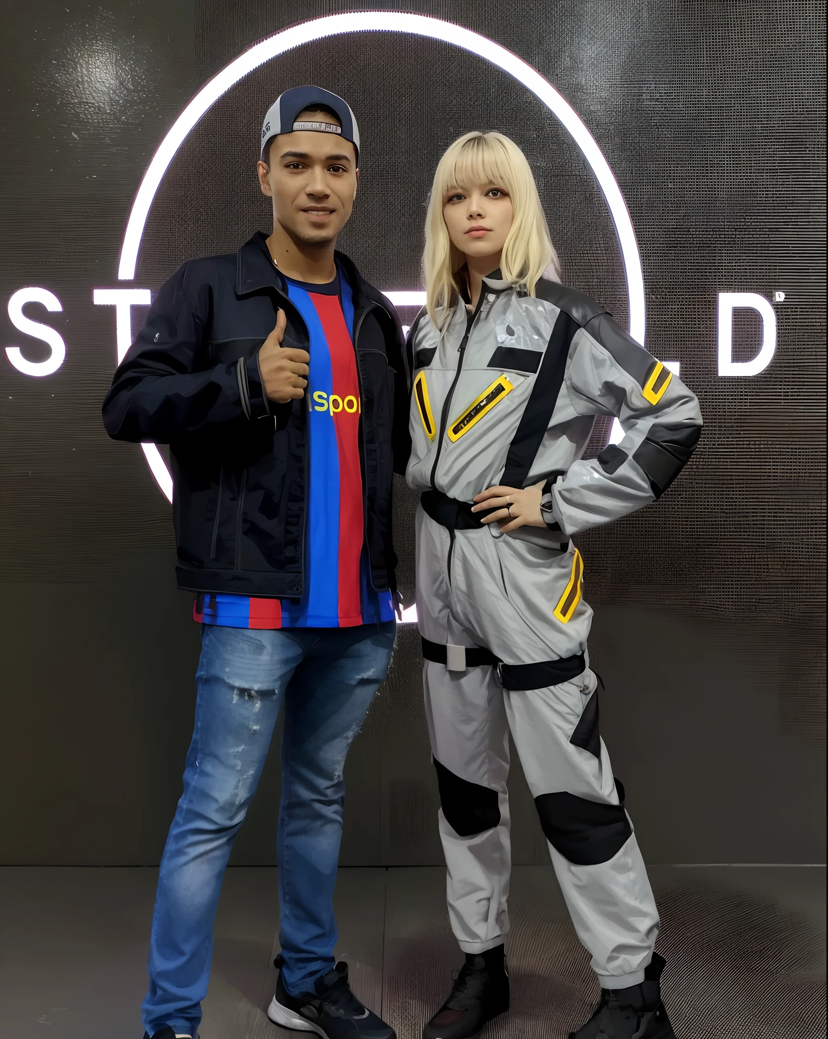 they are posing for a picture in front of a sign, vestindo roupas espaciais, usando streetwear cyberpunk, technical suit, vestindo jaqueta cyberpunk 2 0 7 7, wearing atompunk jumpsuit, 2 mulheres techwear, wearing human air force jumpsuit, Traje de voo de tecnologia, Cyberpunk Streetwear, usando equipamentos espaciais futuristas, Foco no traje de voo anti-G, roupas futuristas e capacete