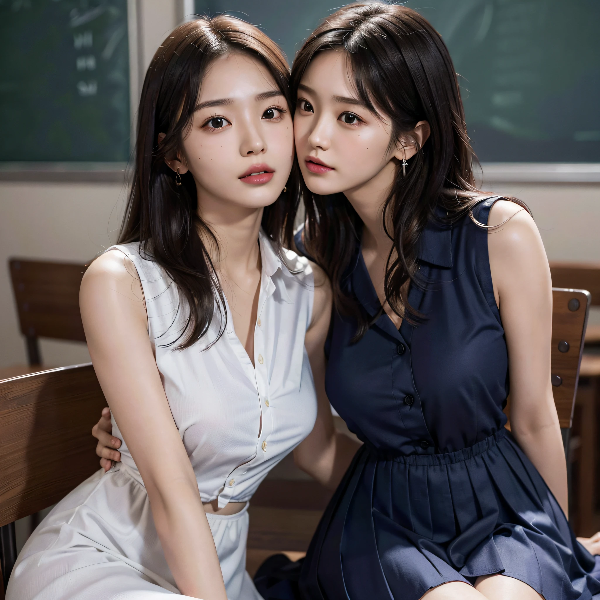absurdres, RAW photo, extremely delicate and beautiful, masterpiece, Best Quality, ultra high resolution, 16k, hyperrealistic, ultra-detailed, Very detailed CG 8k wallpaper, Beautiful Lighting, Perfect Lightning, Realistic Shadows, perfect anatomy, super Detailed skin, perfect figure, Japanese woman, late 20s, very Slim body, narrow waist, very small head, handsome detailed woman, very detailed eyes and face, realistic face proportions, Stunning detailed eyes, Realistic beautiful face, very small face, Realistic small beautiful eyes, double eyelids, makeup, tearful mole, mole on chest, earring, bare legs, beautiful and very thin legs, beautiful and very thin thighs, (((very huge round breasts))), (full body shot), ((short hair)), wavy hair, (((korean school uniform, summer school uniform shirt, dress shirt))), midriff peek, ((sleeveless)), (((yuri))), ((2girls, kiss)),