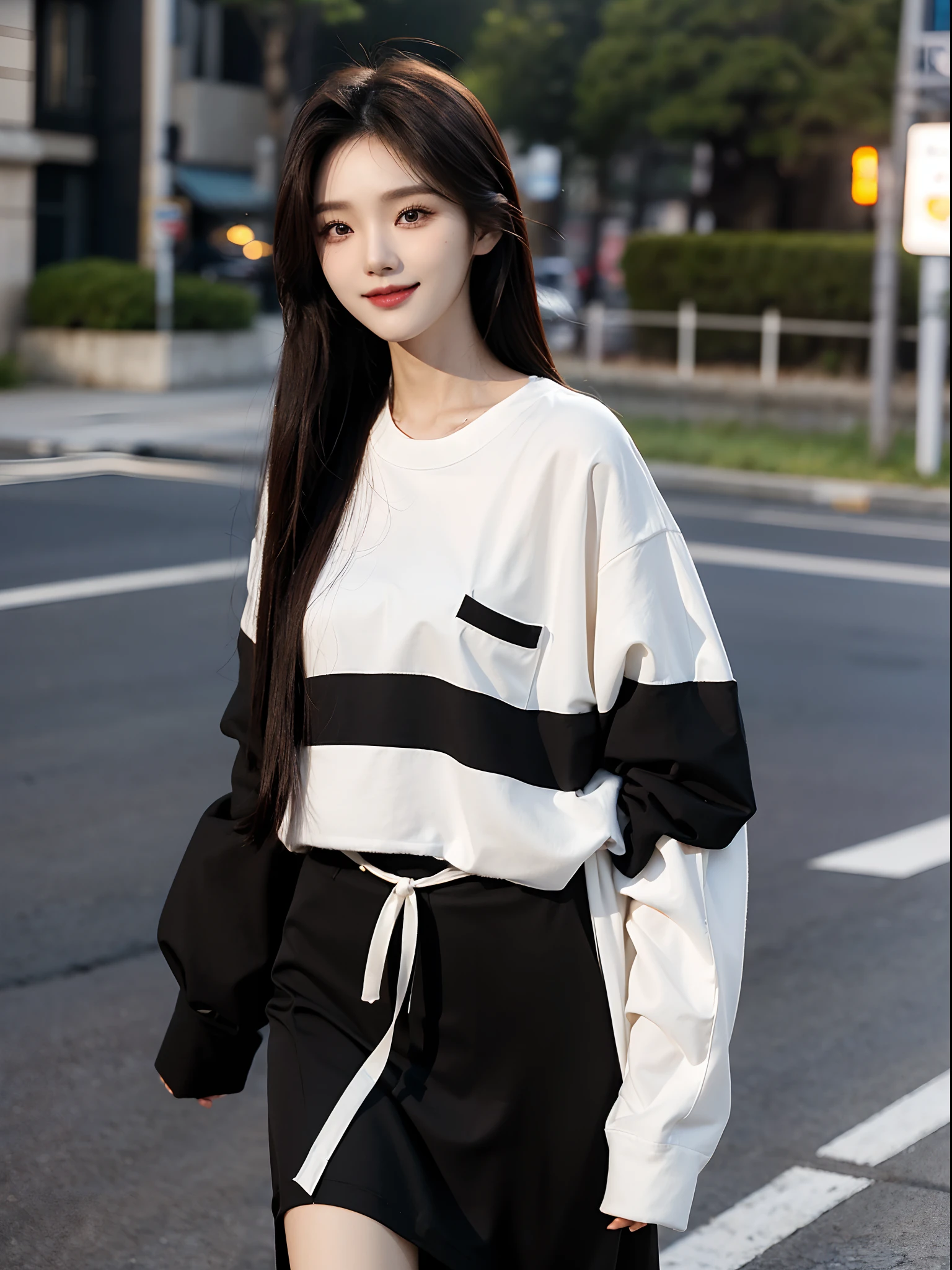 ​masterpiece、top-quality)、1 beutiful girl、Slim body、((Black and white plain clothes:1.1))、(Detailed beautiful eyes)、Walking together on the road at night、Face similar to Chaewon in Le Selefim、((Boyish Brown Medium Hair))、((Smaller face))、((Neutral face))、((Light brown eyes))、((Korean Girl))、((18year old))、((cool lady))、((A shy smile on his face))、((Korean Makeup))、((elongated and sharp eyes))、((Happy dating))、((boyish))、((She is walking in front of the viewer))、((Looking Up))、((shot from a side angle))