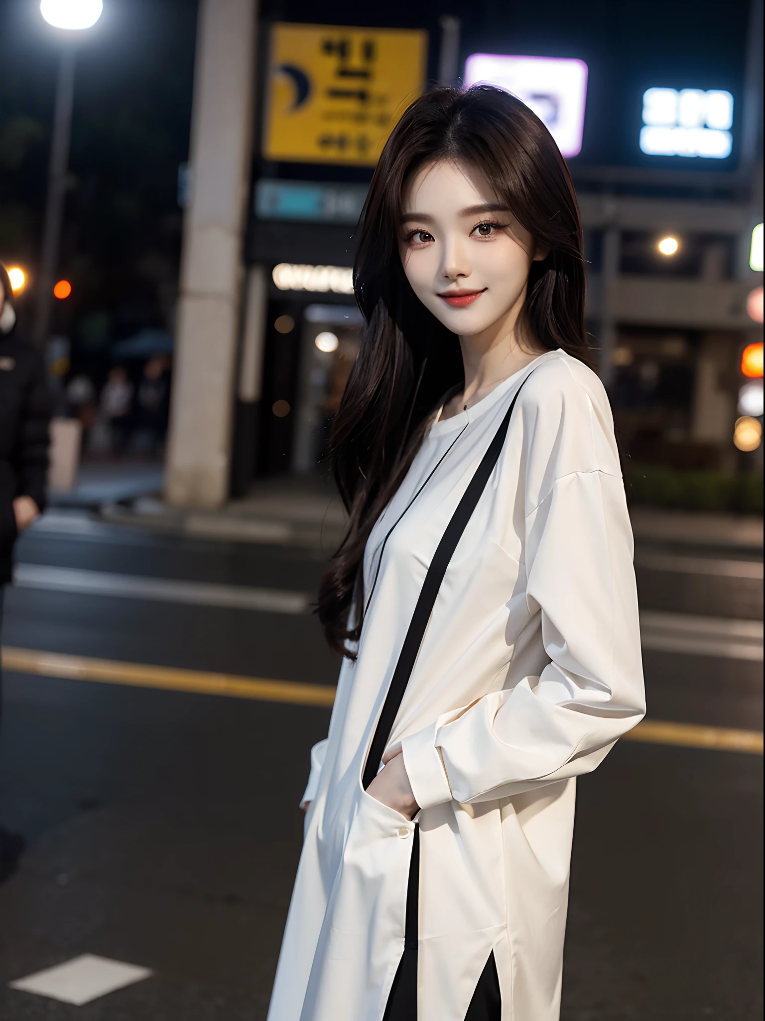 masterpiece、top-quality)、1 beutiful girl、Slim body、((Black and white plain clothes:1.1))、(Detailed beautiful eyes)、Walking together on the road at night、Face similar to Chaewon in Le Selefim、((Boyish Brown Medium Hair))、((Smaller face))、((Neutral face))、((Light brown eyes))、((Korean Girl))、((18year old))、((cool lady))、((A shy smile on his face))、((Korean Makeup))、((elongated and sharp eyes))、((Happy dating))、((boyish))、((She is walking in front of the viewer))、((Looking Up))、((shot from a side angle))