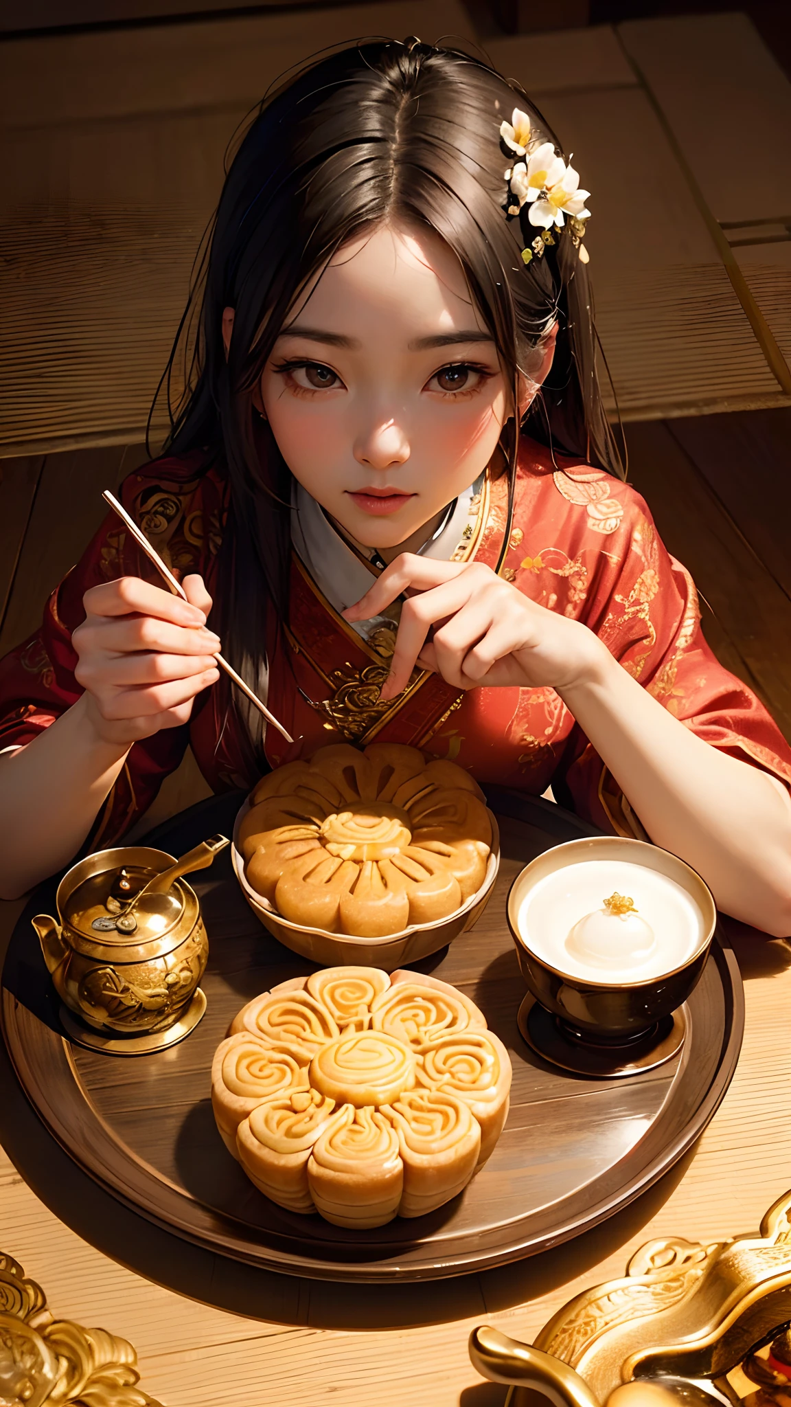 (a detailed close up portrait of a moon cake), (a cup of tea), (a tea pot poster), (best quality, highres, ultra-detailed), (realistic), (portraits), (vivid colors), (warm color tones), (soft lighting), (delicious details), (traditional Chinese dessert), (intricate patterns), (elegant tea set), (moonlit background), (artistic composition), (delicate textures), (fine brushwork), (subtle shadows), (harmonious color palette), (crisp focus), (meticulous craftsmanship), (rich flavors), (authentic tea ceremony), (captivating aroma), (artistic creativity), (precise lighting), (mouth-watering presentation), (stimulating senses), (meticulous details), (rich cultural symbolism), (teatime indulgence), (authentic Chinese cuisine), (eye-catching visual appeal), (enjoying tranquility), (celebratory atmosphere), (enticing arrangement), (traditional symbolism), (exquisite plating), (fine dining experience), (attention to detail), (sensory delight), (appetizing colors), (fragrant tea leaves), (delightful combination).