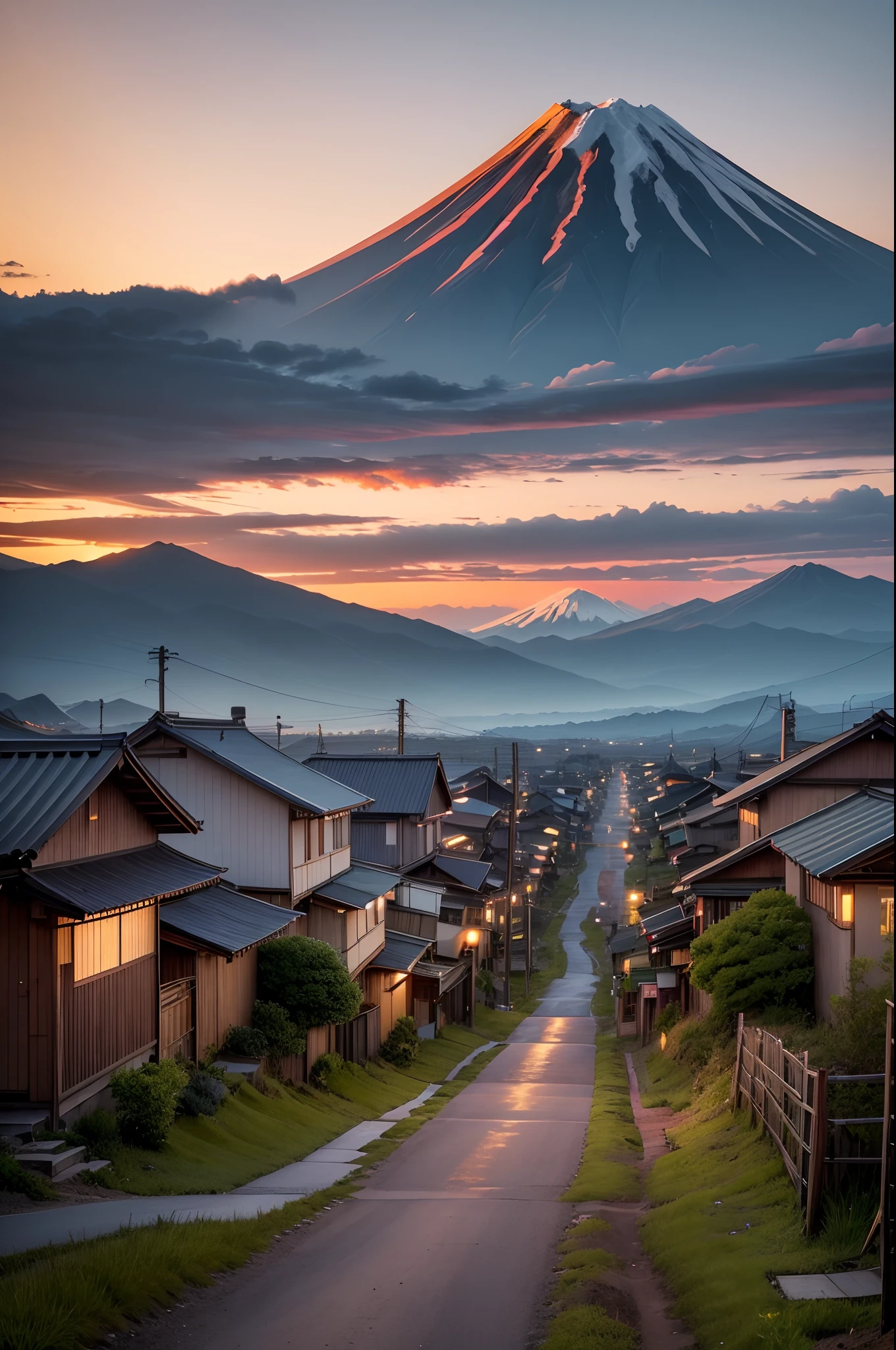 Rural city、dirt road with weeds growing at both ends,、Illuminated by the setting sun at dusk、Mountains and clouds in the distance、Some of the houses are lit、A Japanese style、Mt. Fuji deleted