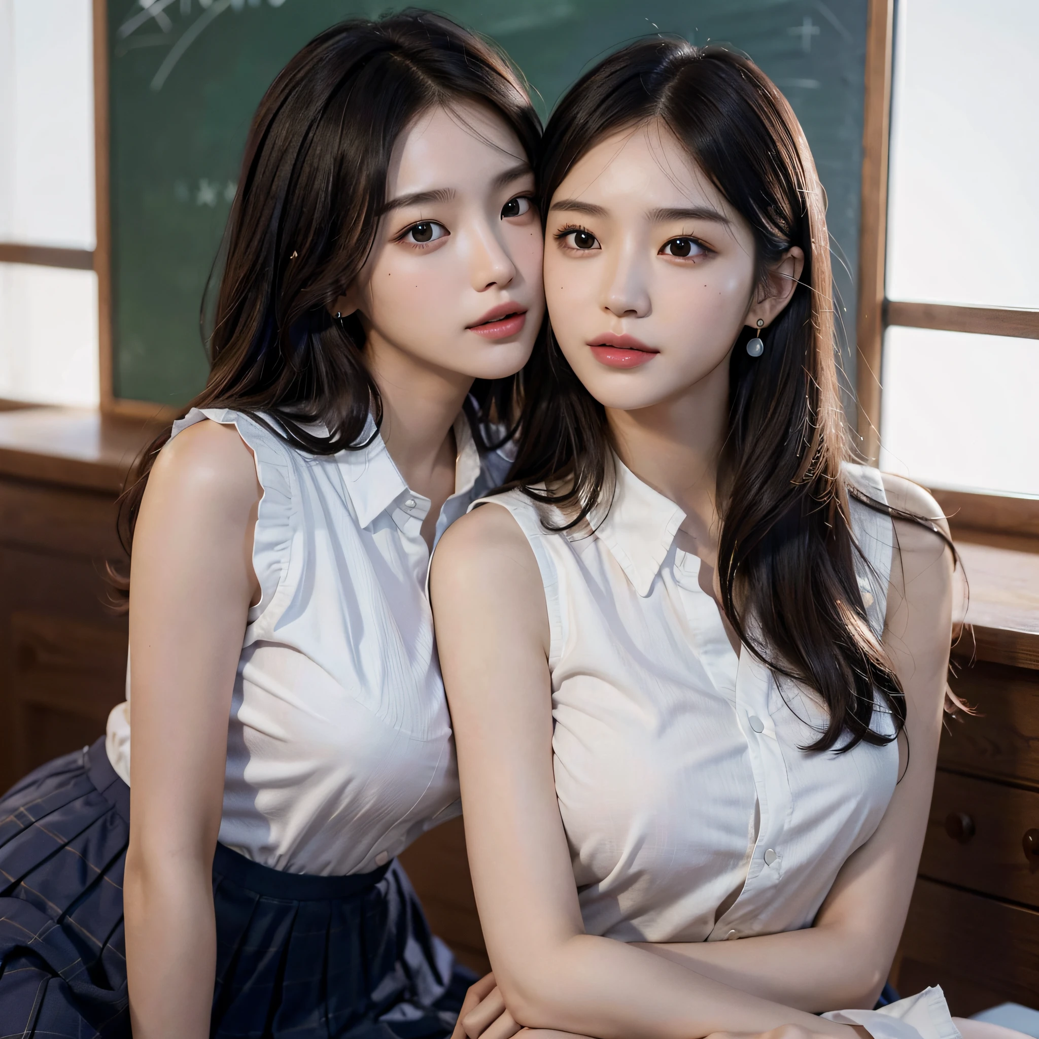 (2young girls), (highly detailed eyes), (highly detailed face), extremely detailed CG unified 8k wallpaper, highly detailed, High-definition raw color photos, professional photography, Realistic portrait, Cinematic Light, bangs, (hi-school uniform, pleated skirt:1.3), (hi-school uniform with open chest:1.5), See-through sheer panties, (beautiful big breasts:1.2), ((no panties)), desk, sitting, cameltoe, open legs wide, school, classroom,