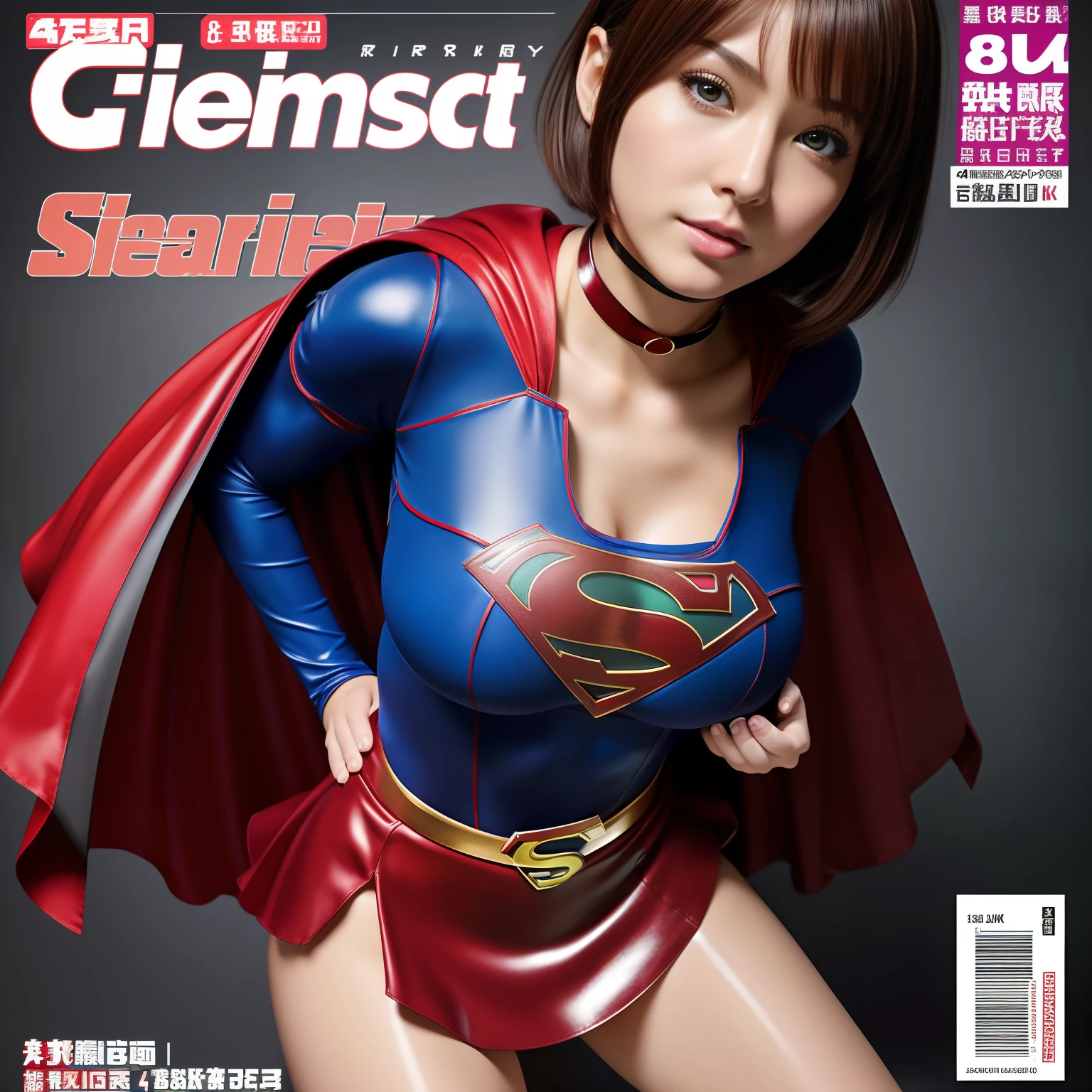 (Best Quality,4K,8K,hight resolution,masutepiece:1.2),Ultra-detailed,Realistic:1.37,Super masterpiece,Short-haired Supergirl、large full breasts、Looking at the camera、Glossy costume、a choker、Too short miniskirt、Magazine covers、Weekly Magazine