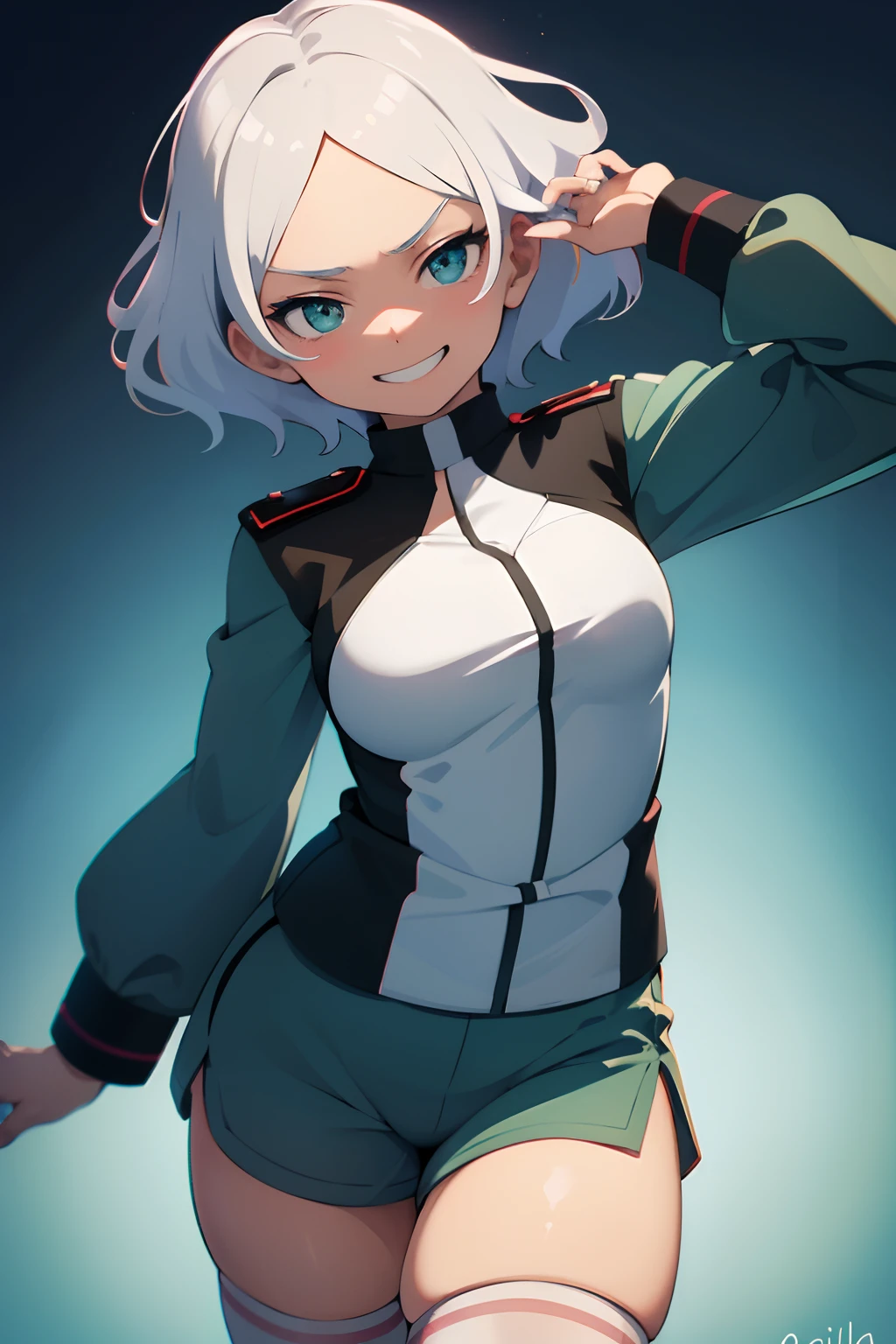 (ultra-quality, high resolution), upper body, cute girl, , white hair, grinning, ridicule, soft lighting, Secelia Dote,short hair,SeceliaUniform, asticassia school uniform, partially unzipped, green shorts, white thighhighs