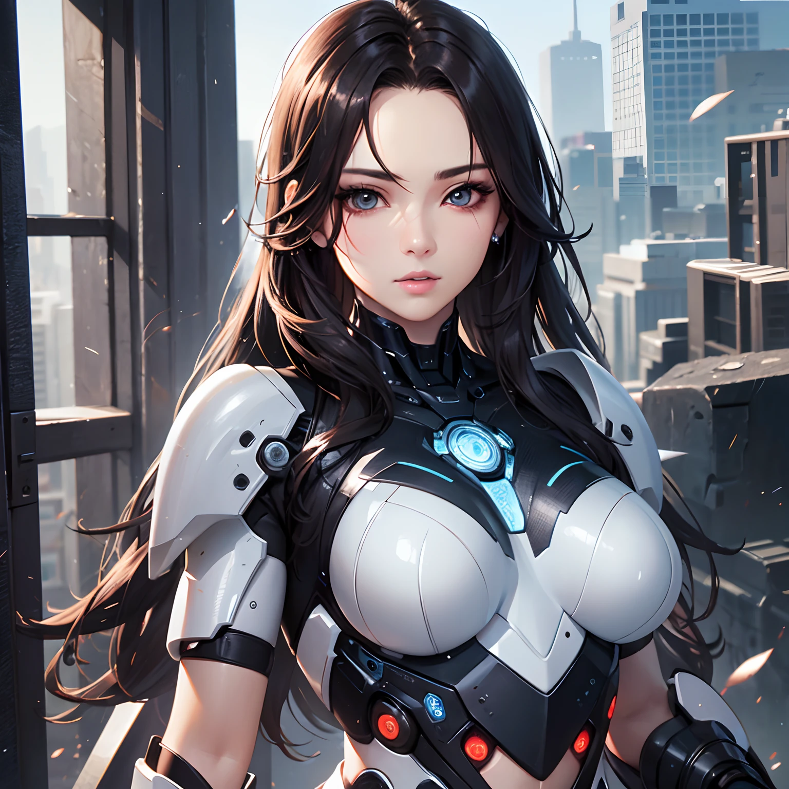 a mature woman with long black hair, brown eyes, a mocking expression, futuristic clothes, futuristic background, detailed face, high quality, photorealistic, 8k, best quality, intricate details, cinematic lighting, dramatic colors, moody atmosphere