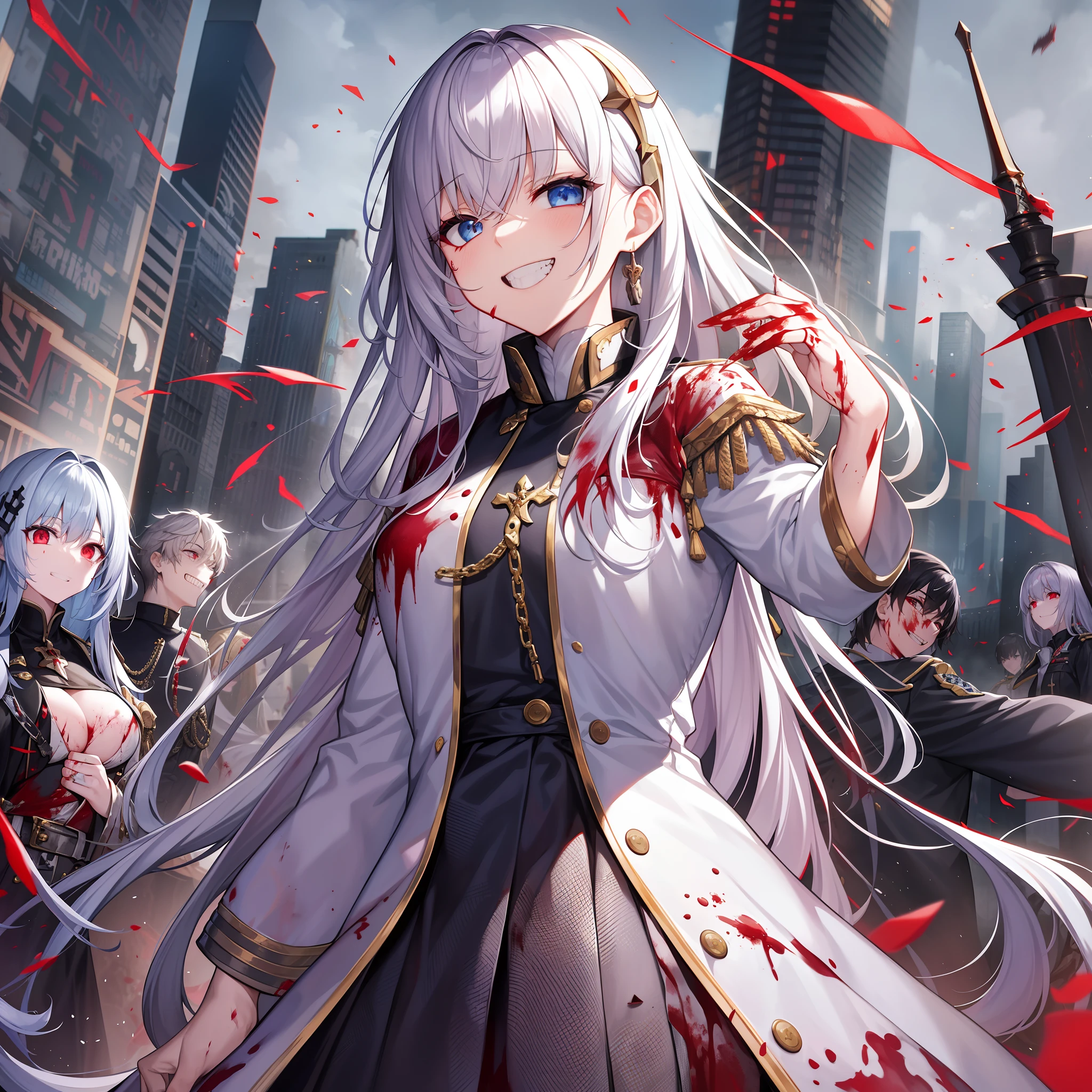 Outrageous resolution、​masterpiece++、top-quality++、ultra-definition++、ultra-definition++、4k++、8k++、from side、（Background Focus）++、（（1）））+++A woman in clothes is surrounded by demons on a battlefield that destroys a city, and is dressed in a bloody and tattered white priest's uniform.（Battle）Praise the priest with a crazy smile who works、Surrounded by monsters, he is covered in blood and dressed in a tattered white priest's uniform.（Battle）White priest rune with a crazy grin working、Surrounded by monsters, he is covered in blood and dressed in a tattered white priest's uniform.（Battle）White priest magic with a crazy smile that works、Surrounded by monsters flying overhead, he is dressed in a bloody and tattered white priest's uniform.（Battle）White priest with a crazy smile working、Surrounded by monsters, he is covered in blood and dressed in a tattered white priest's uniform.（Battle）White priest married woman with a crazy smile working、Surrounded by monsters, he is covered in blood and dressed in a tattered white priest's uniform.（Battle）President White Priest with a crazy smile working、Detailed contemporary art、Contemporary Art Style、Blake Surrounded by beautiful modern monsters, he is dressed in a bloody and tattered white priest's uniform.（Battle）White priest witch with a crazy smile working、Surrounded by monsters, he is covered in blood and dressed in a tattered white priest's uniform.（Battle）White priest college student with a crazy smile working、Contemporary Art Behans、Surrounded by monsters, he is covered in blood and dressed in a tattered white priest's uniform.（Battle）White priest high school student with crazy smile working、Surrounded by beautiful monsters, he is dressed in a bloody and tattered white priest's uniform.（Battle）White Priestess Jie with a crazy smile working、Surrounded by shiny floating creatures, he is dressed in a bloody and tattered white priest's uniform.（Battle）White priest shards with a crazy grin that works、Surrounded by monsters, he is