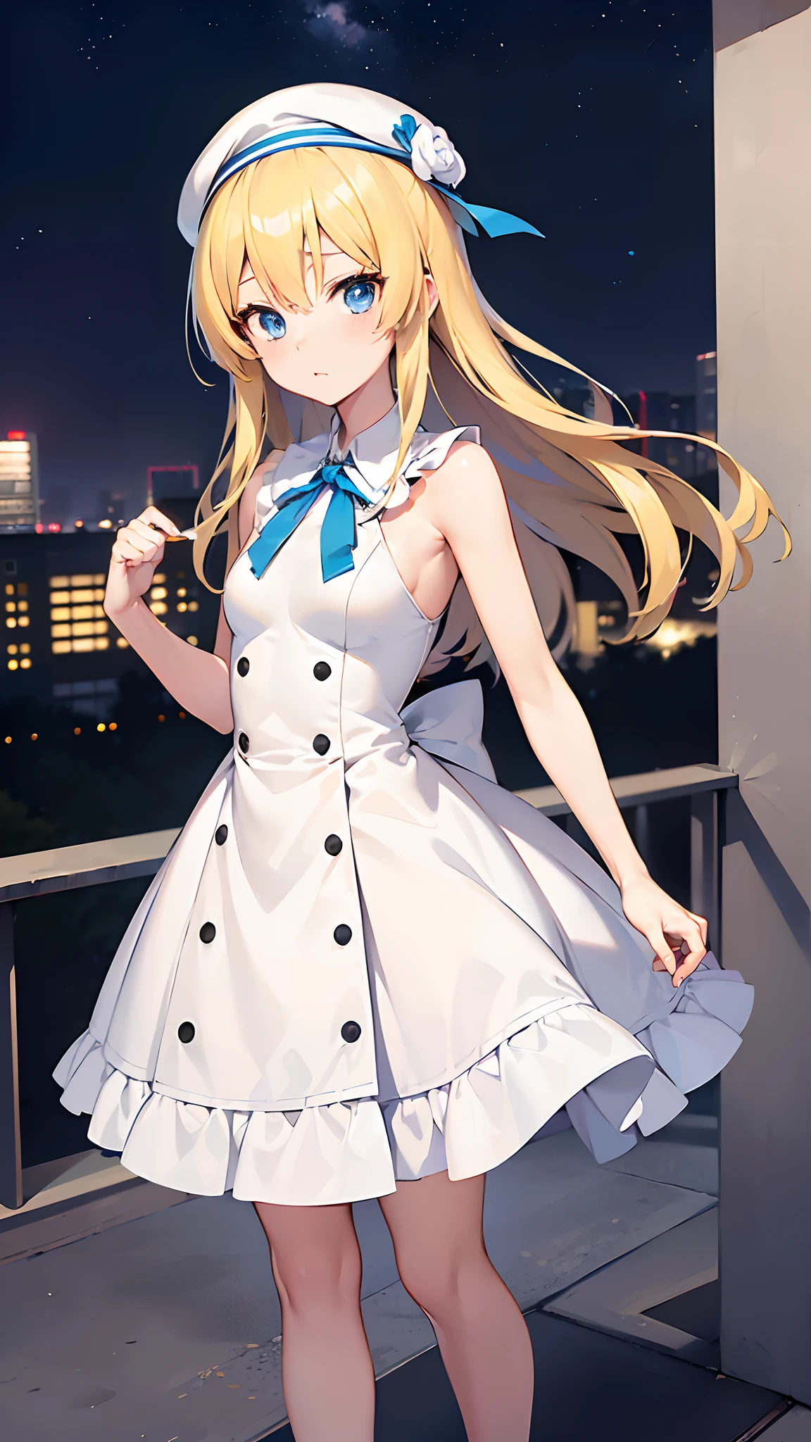 ((((masutepiece, Best Quality, hight resolution, Anatomically correct)))), (Anime style:1.4), 1 girl, (slender, Small breasts, Blue eyes , length hair, ((Blonde)), bright blond hair, White skin, Correct hand), Simple white beret, Cute white sleeveless dress, White high heels, natta, starrysky、On the roof of a high-rise building、Concrete floors、Framed, rounded corners, Cute and comical atmosphere,
