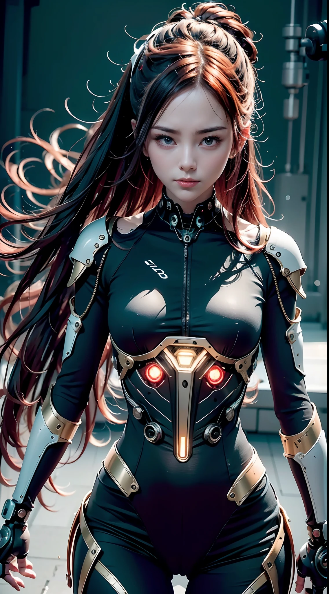 (Best Quality,4K,High resolution), 18yo woman, Red mesh hair on black hair, Long hair, Straight hair, , Comical appearance，facing the front there，mechs，android，Human Machine Body，Mechanical body expressed in detail，Delicately expressed muscle texture，buttle，action，Vibrant colors，fights，Luminescent eye light，spot light，Luminescence effect，Combat stance