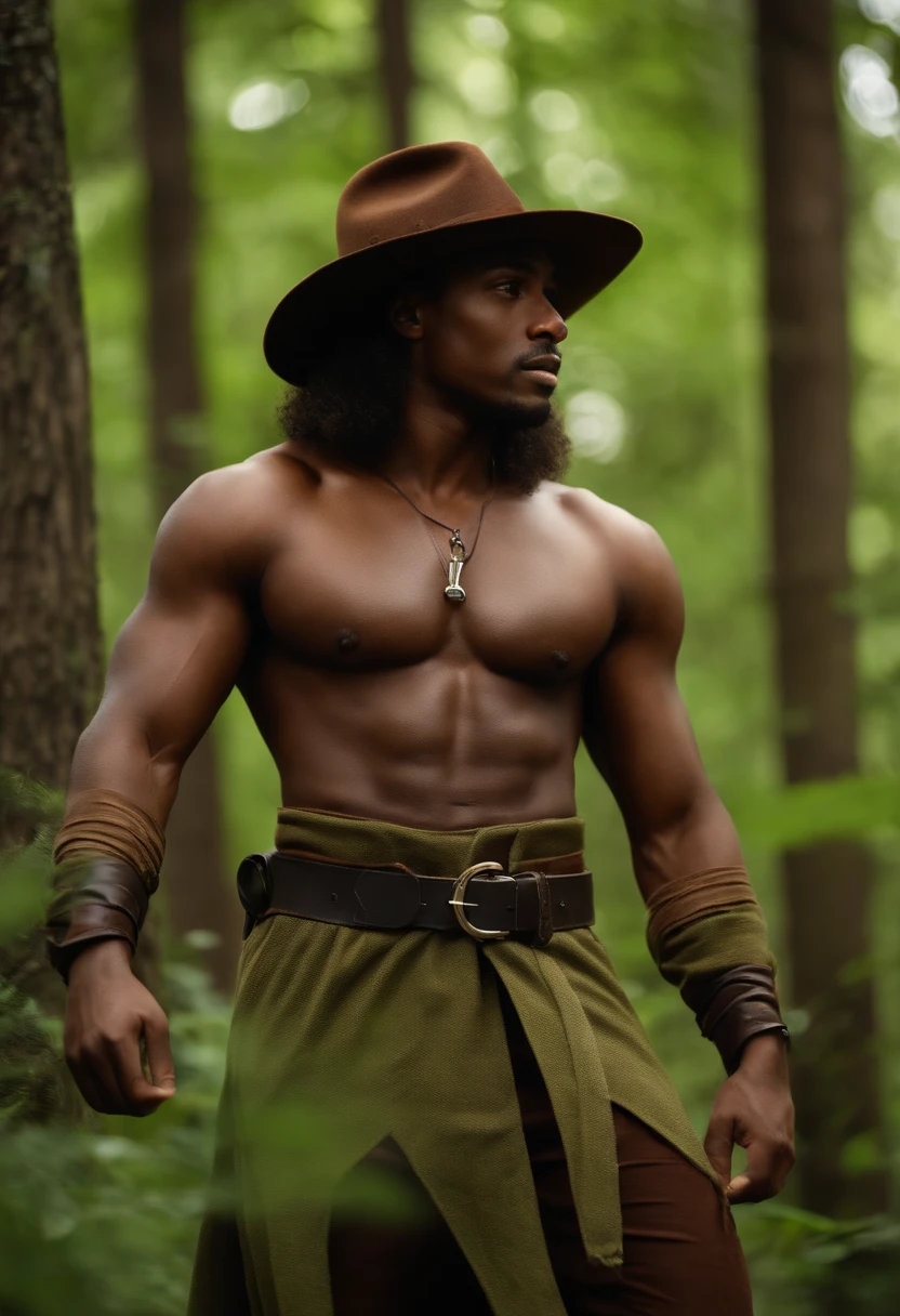 ((Brown skin)),There is a man in a green and brown outfit walking through a forest, Elfo Ranger Masculino, Um retrato de um elfo masculino, um elfo macho, elfo masculino bonito, Macho moreno elfo ranger, ((cara preocupada)), One person, tiro de corpo inteiro, jovem garoto macho