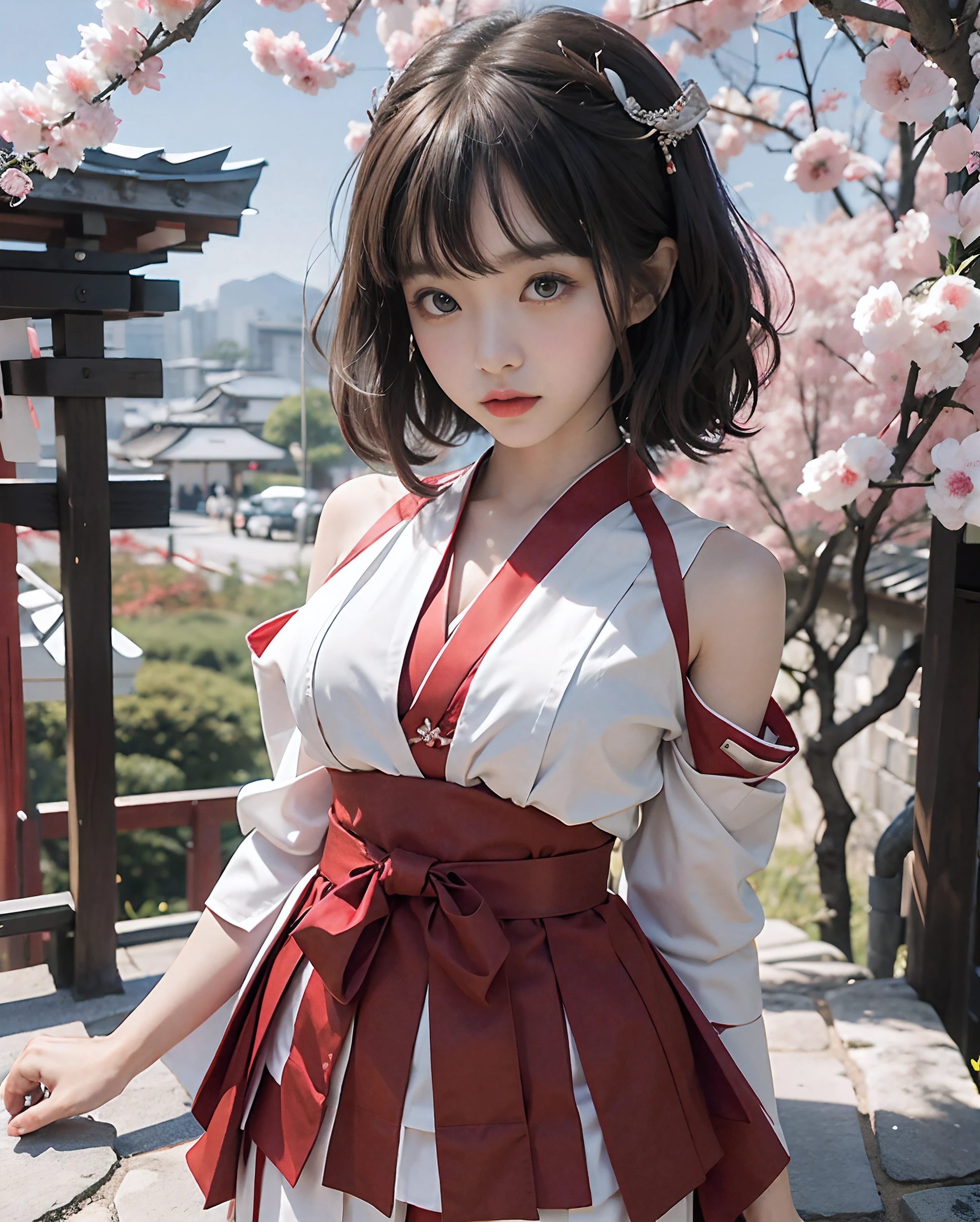 Woman in red skirt and white shirt is taking pictures, japanese girl school uniform, hakama kimono, Japan school uniform, Collar white and red, A Japanese style, Red kimono, Japanese style, traditional japanese, Wearing Hakama, japanese kimono,The background is indoors,The background is indoor,No bra,feet visible ,You can see the valley ,cleavage of the breast ,Furisode ,Wide sleeves ,Wearing a priestess uniform ,shoulders can be seen ,Shoulder skin is visible ,Shoulders exposed ,Face sizes up to 6 heads ,Natural Face Size ,Balanced face size ,Make your face smaller ,Make a small face