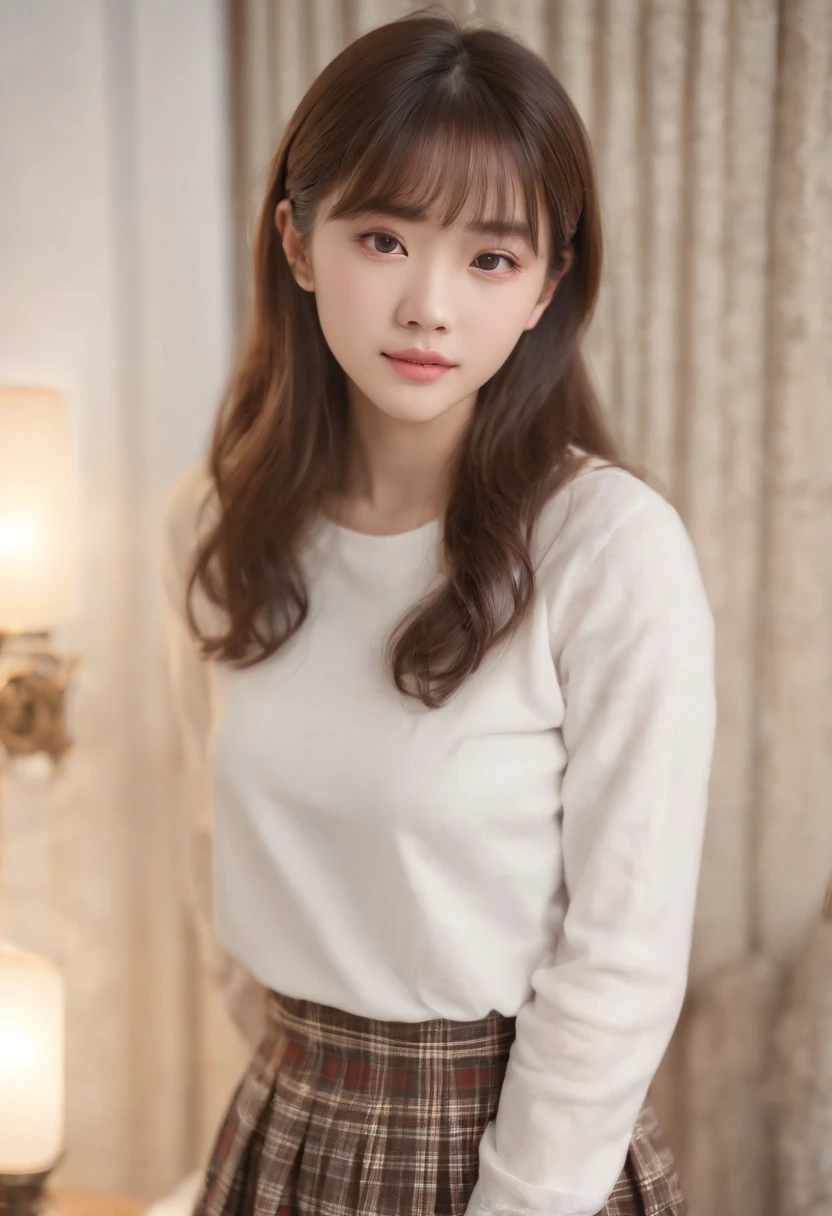 top-quality, Photorealsitic, ​masterpiece, 8K, Hi-Res, 独奏, 1girl, (((infp young woman))),sixteen years old、full bodyesbian、(small tits), ((Look at viewers)), (look at a camera), ((Various hairstyles close to long)）、Perfect straight black hair、((With bangs))、 (profetional lighting), Highly detailed bright face、Gentle Japan girl、lovely smile、White T-shirt（long-sleeve）、Checked pleated skirt、Standing in the room