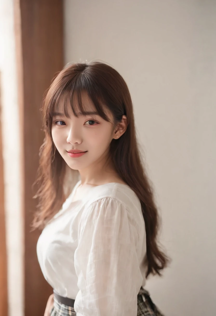 top-quality, Photorealsitic, ​masterpiece, 8K, Hi-Res, 独奏, 1girl, (((infp young woman))),sixteen years old、full bodyesbian、(small tits), ((Look at viewers)), (look at a camera), ((Various hairstyles close to long)）、Perfect straight black hair、((With bangs))、 (profetional lighting), Highly detailed bright face、Gentle Japan girl、lovely smile、White T-shirt（long-sleeve）、Checked pleated skirt、Standing in the room