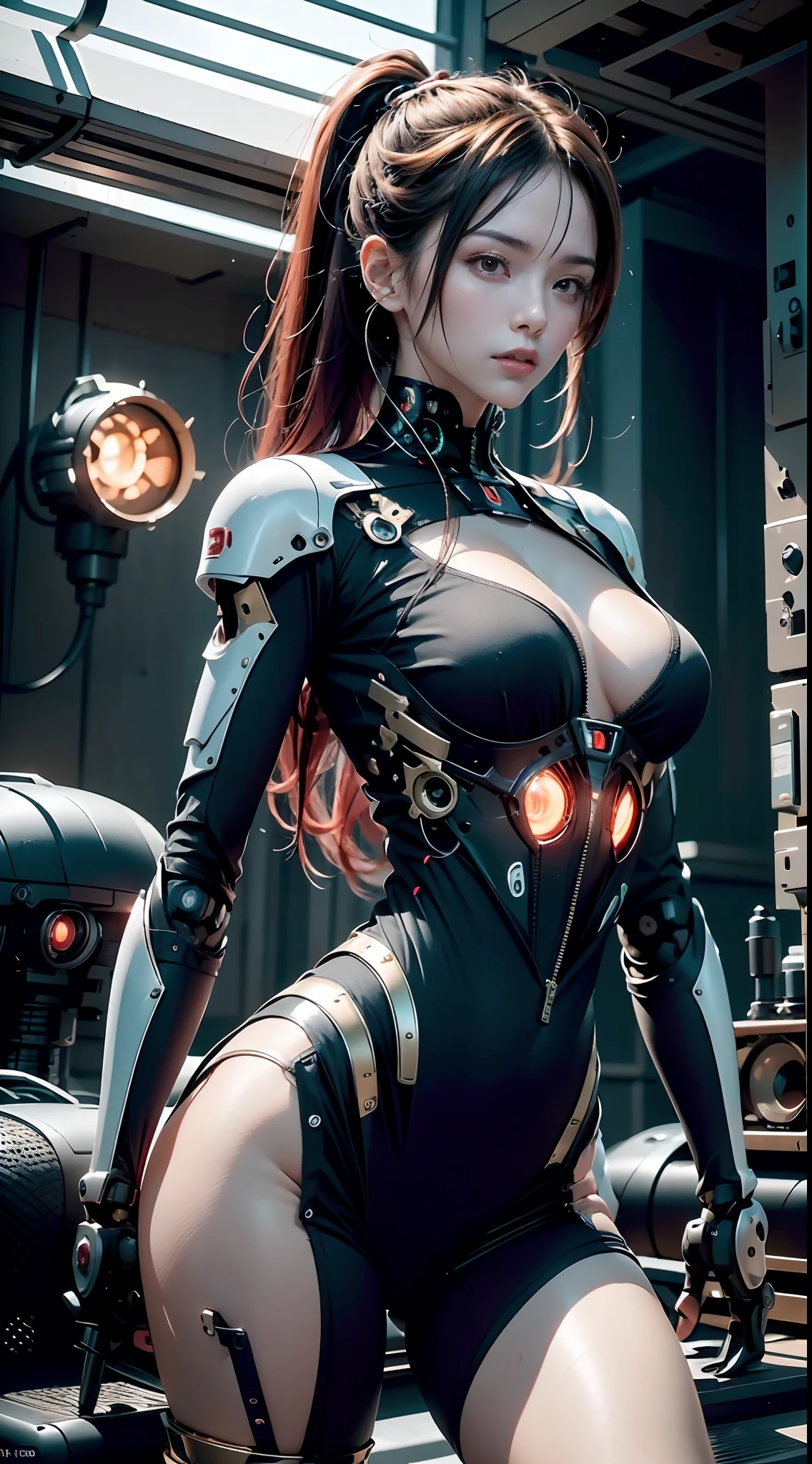 (Best Quality,4K,High resolution), 18yo woman, Red mesh hair on black hair, Long hair, Straight hair, , Comical appearance，facing the front there，mechs，android，Human Machine Body，Mechanical body expressed in detail，damaged body，Delicately expressed muscle texture，Broken robot