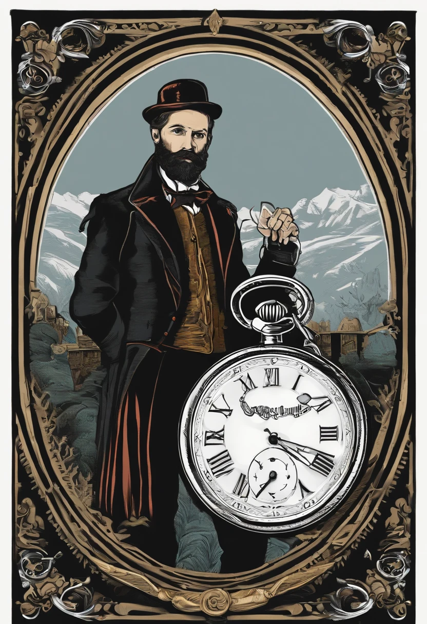 /imagine prompt: gentleman
,Pocket watch in hand,medieval times,Illustration with sticker on black background,The outline is bold, Jagged edges, Trash core, Light and Shadow - V 5.2
