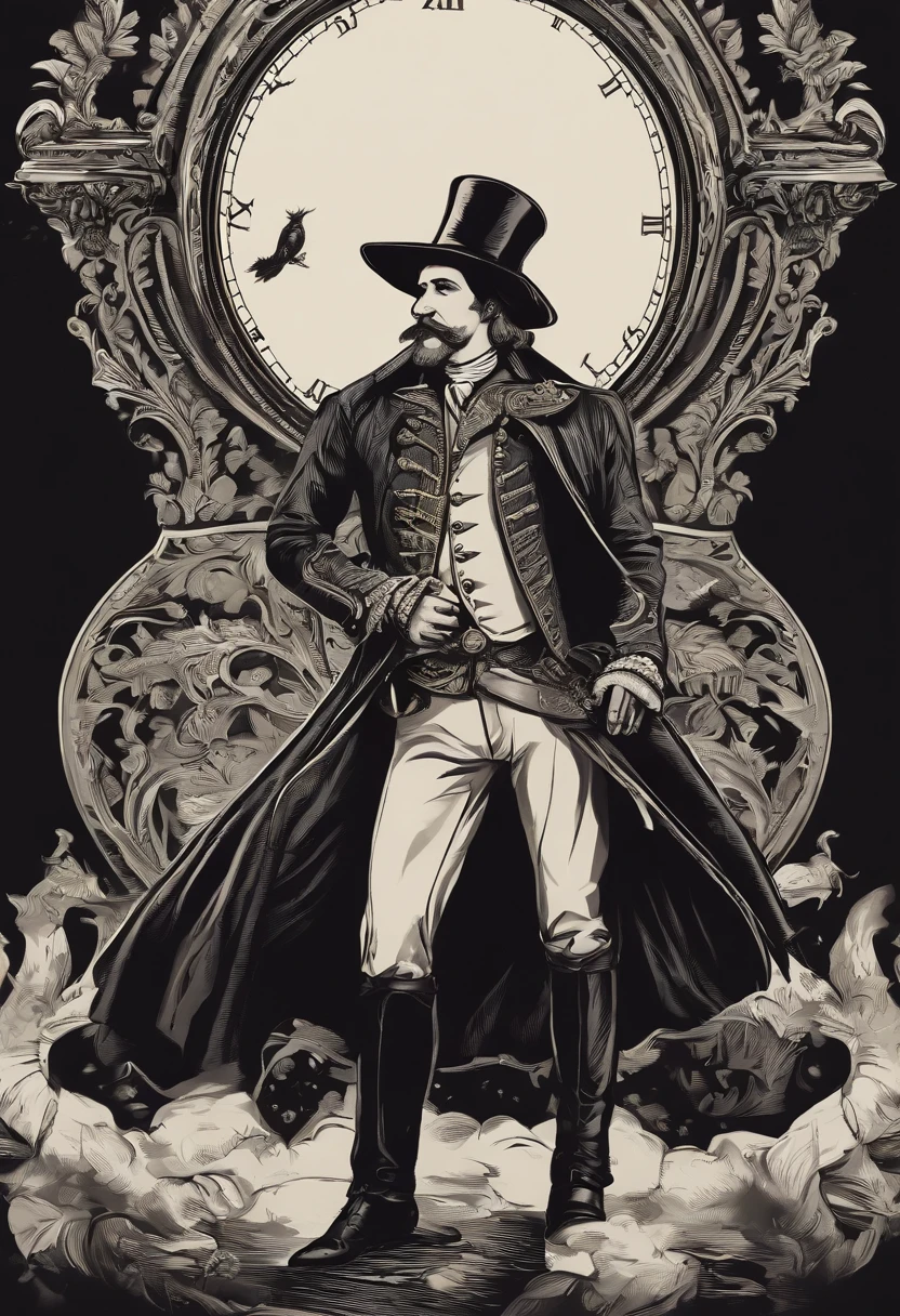 /imagine prompt: gentleman
,Pocket watch in hand,medieval times,Illustration with sticker on black background,The outline is bold, Jagged edges, Trash core, Light and Shadow - V 5.2