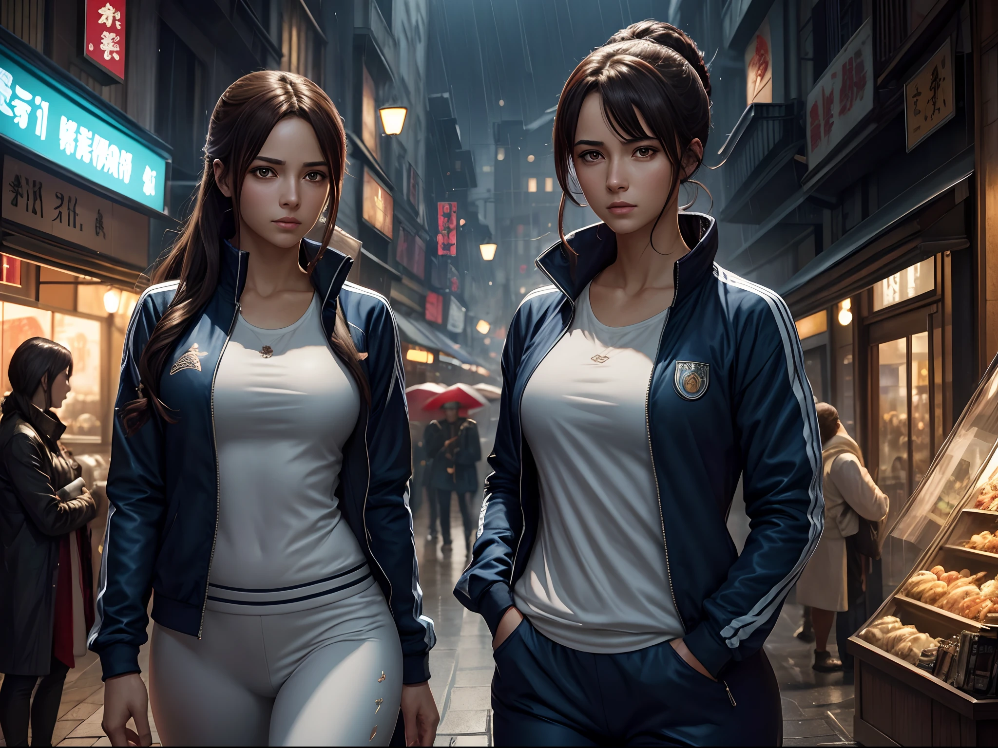 raining night,City,A beautiful woman in a tracksuit wears a track suit on the bustling streets of Gintama, surrounded by vendors, beautiful portrait of a stunning goddess girl, Beautiful detailed face, Porcelain skin, Full body shot, Centered, ultra soft lighting, symetry, Intricate, elegant, Highly detailed, Photorealistic, art  stations, concept-art, smooth, as imagined by greg rutkowski and borris vallejo, cover, in fashion style