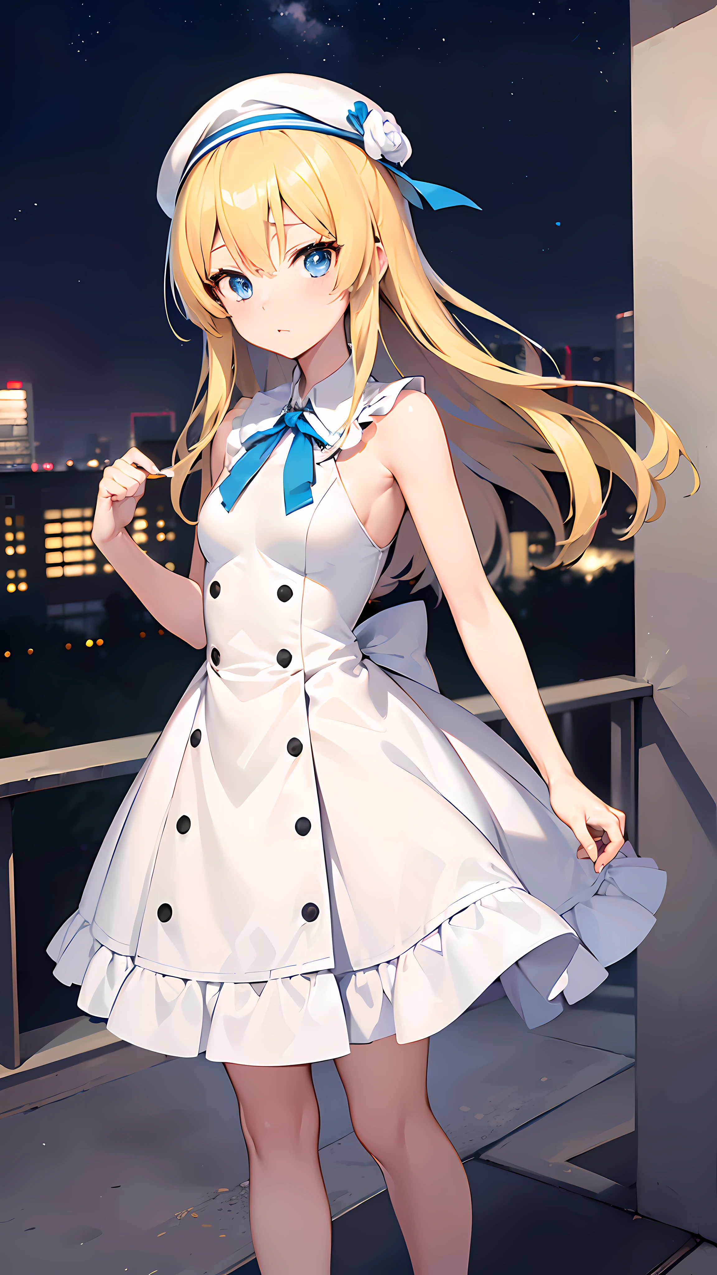 ((((masutepiece, Best Quality, hight resolution, Anatomically correct)))), (Anime style:1.4), 1 girl, (slender, Small breasts, Blue eyes , length hair, ((Blonde)), bright blond hair, White skin, Correct hand), Simple white beret, Cute white sleeveless dress, White high heels, natta, starrysky、On the roof of a high-rise building、Concrete floors、Framed, rounded corners, Cute and comical atmosphere,