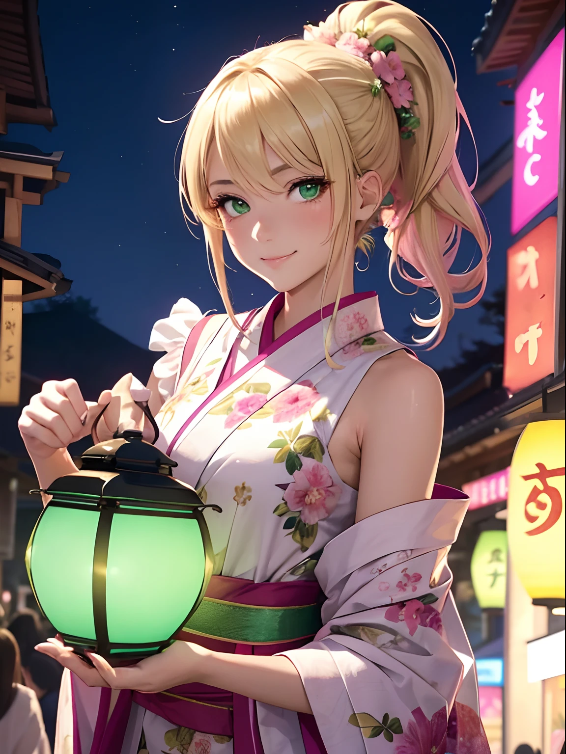 1girl, beautiful, pretty, gorgeous, high quality, best quality, 8k, masterpiece, slim body, short ponytail, blonde pink ombre, green eyes, light skin, floral tattoo, wearing a sleeveless kimono with green color, in a festival, at night, lantern, looking at viewer, smiling, blushing