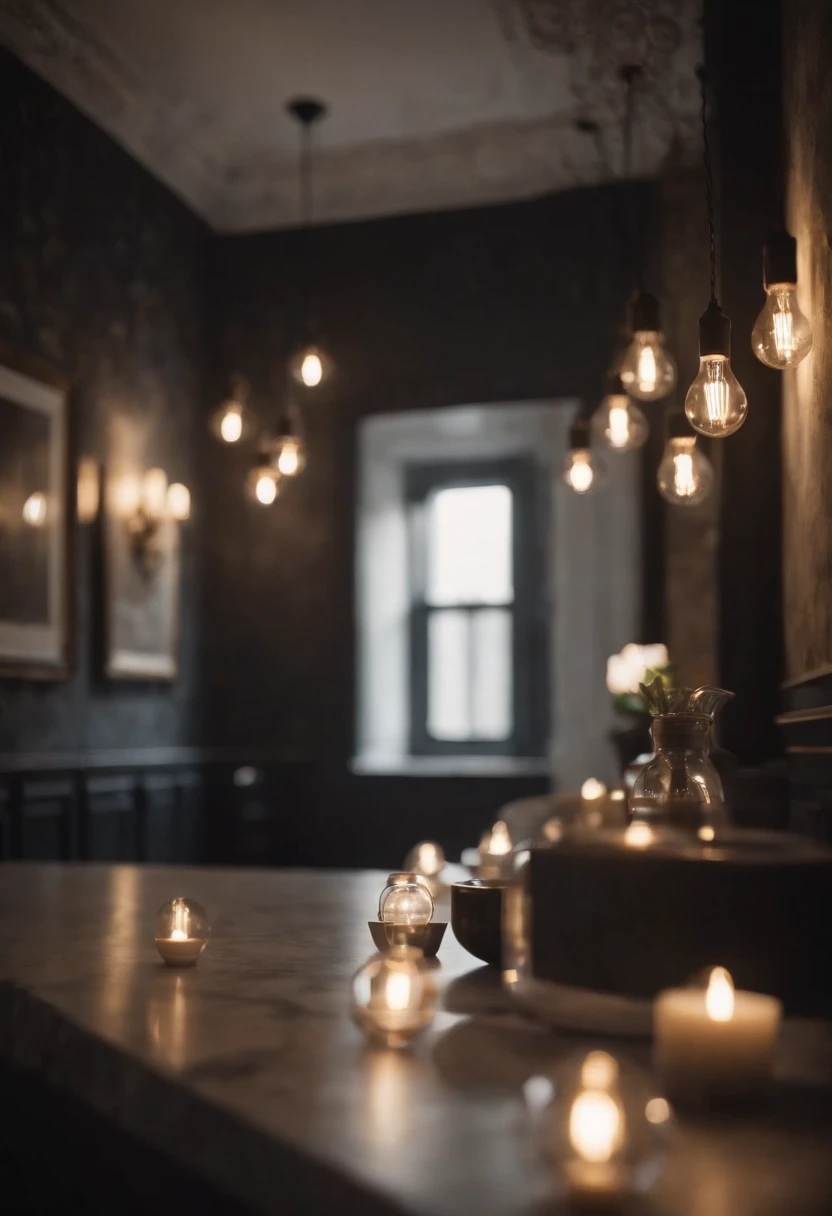 ghotic, marble black walls, Beautiful interior, light bulbs, bokeh, The Gloomy Room