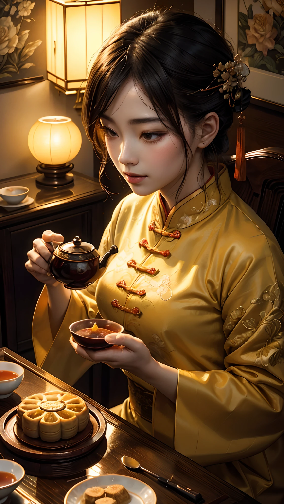 (a detailed close up portrait of a moon cake), (a cup of tea), (a tea pot poster), (best quality, highres, ultra-detailed), (realistic), (portraits), (vivid colors), (warm color tones), (soft lighting), (delicious details), (traditional Chinese dessert), (intricate patterns), (elegant tea set), (moonlit background), (artistic composition), (delicate textures), (fine brushwork), (subtle shadows), (harmonious color palette), (crisp focus), (meticulous craftsmanship), (rich flavors), (authentic tea ceremony), (captivating aroma), (artistic creativity), (precise lighting), (mouth-watering presentation), (stimulating senses), (meticulous details), (rich cultural symbolism), (teatime indulgence), (authentic Chinese cuisine), (eye-catching visual appeal), (enjoying tranquility), (celebratory atmosphere), (enticing arrangement), (traditional symbolism), (exquisite plating), (fine dining experience), (attention to detail), (sensory delight), (appetizing colors), (fragrant tea leaves), (delightful combination).