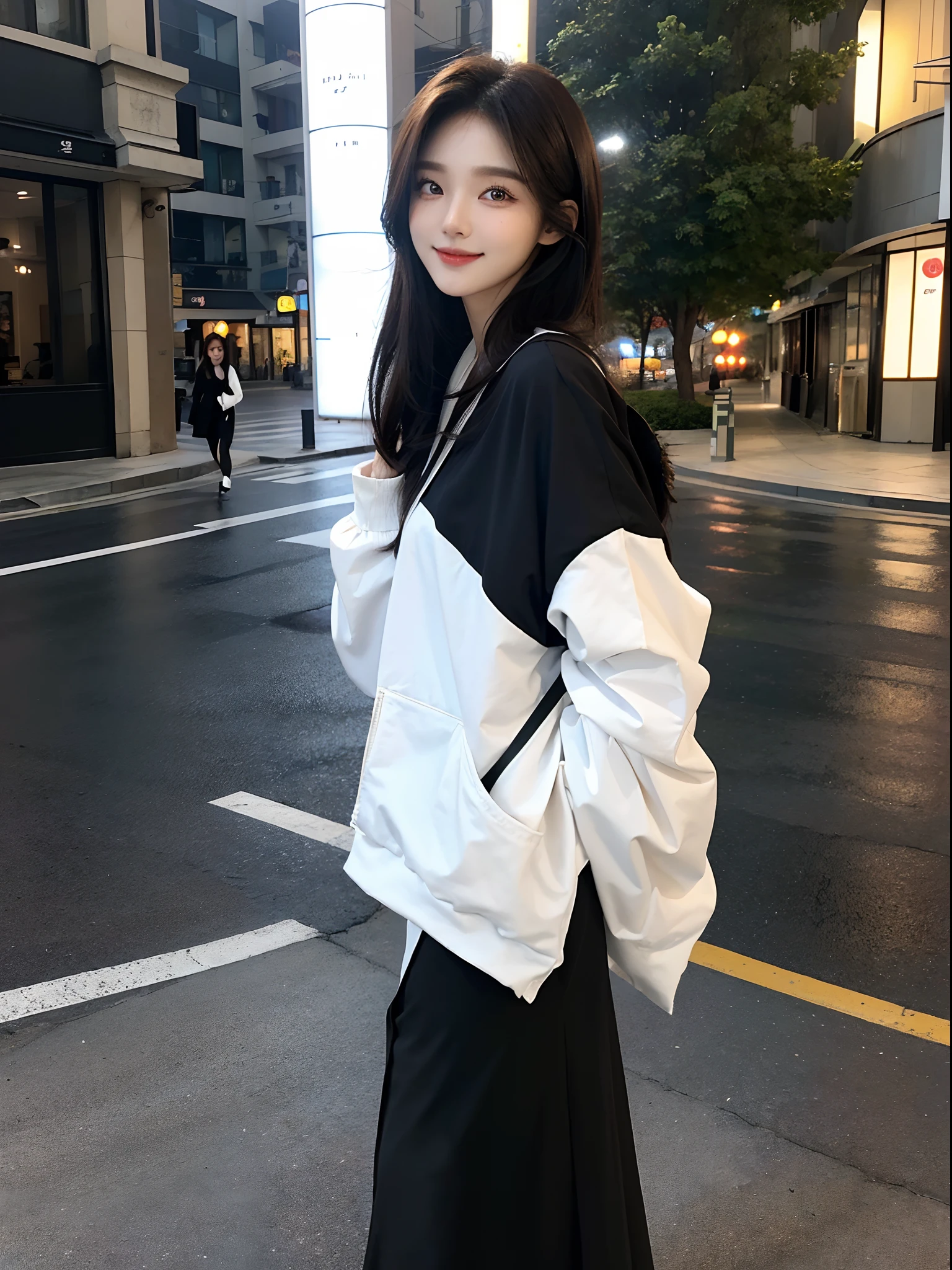 masterpiece、top-quality)、1 beutiful girl、Slim body、((Black and white plain clothes:1.1))、(Detailed beautiful eyes)、Walking together on the road at night、Face similar to Chaewon in Le Selefim、((Boyish Brown Medium Hair))、((Smaller face))、((Neutral face))、((Light brown eyes))、((Korean Girl))、((18year old))、((cool lady))、((A shy smile on his face))、((Korean Makeup))、((elongated and sharp eyes))、((Happy dating))、((boyish))、((She is walking in front of the viewer))、((Looking Up))、((shot from a side angle))
