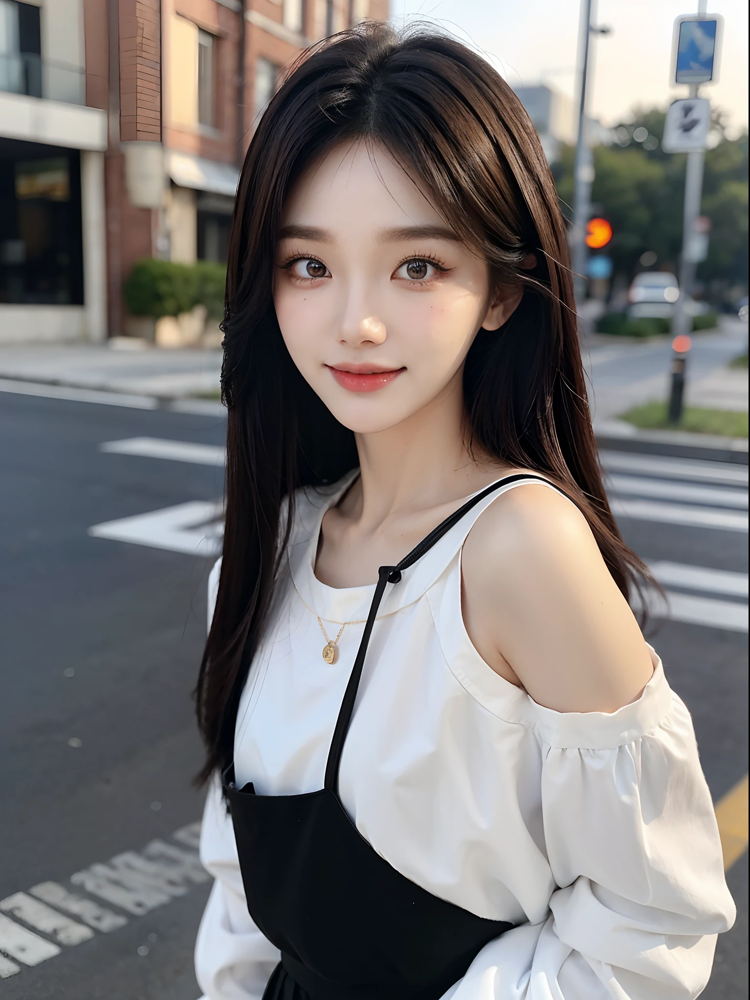 masterpiece、top-quality)、1 beutiful girl、Slim body、((Black and white plain clothes:1.1))、(Detailed beautiful eyes)、Walking together on the road at night、Face similar to Chaewon in Le Selefim、((Boyish Brown Medium Hair))、((Smaller face))、((Neutral face))、((Light brown eyes))、((Korean Girl))、((18year old))、((cool lady))、((A shy smile on his face))、((Korean Makeup))、((elongated and sharp eyes))、((Happy dating))、((boyish))、((She is walking in front of the viewer))、((Looking Up))、((shot from a side angle))