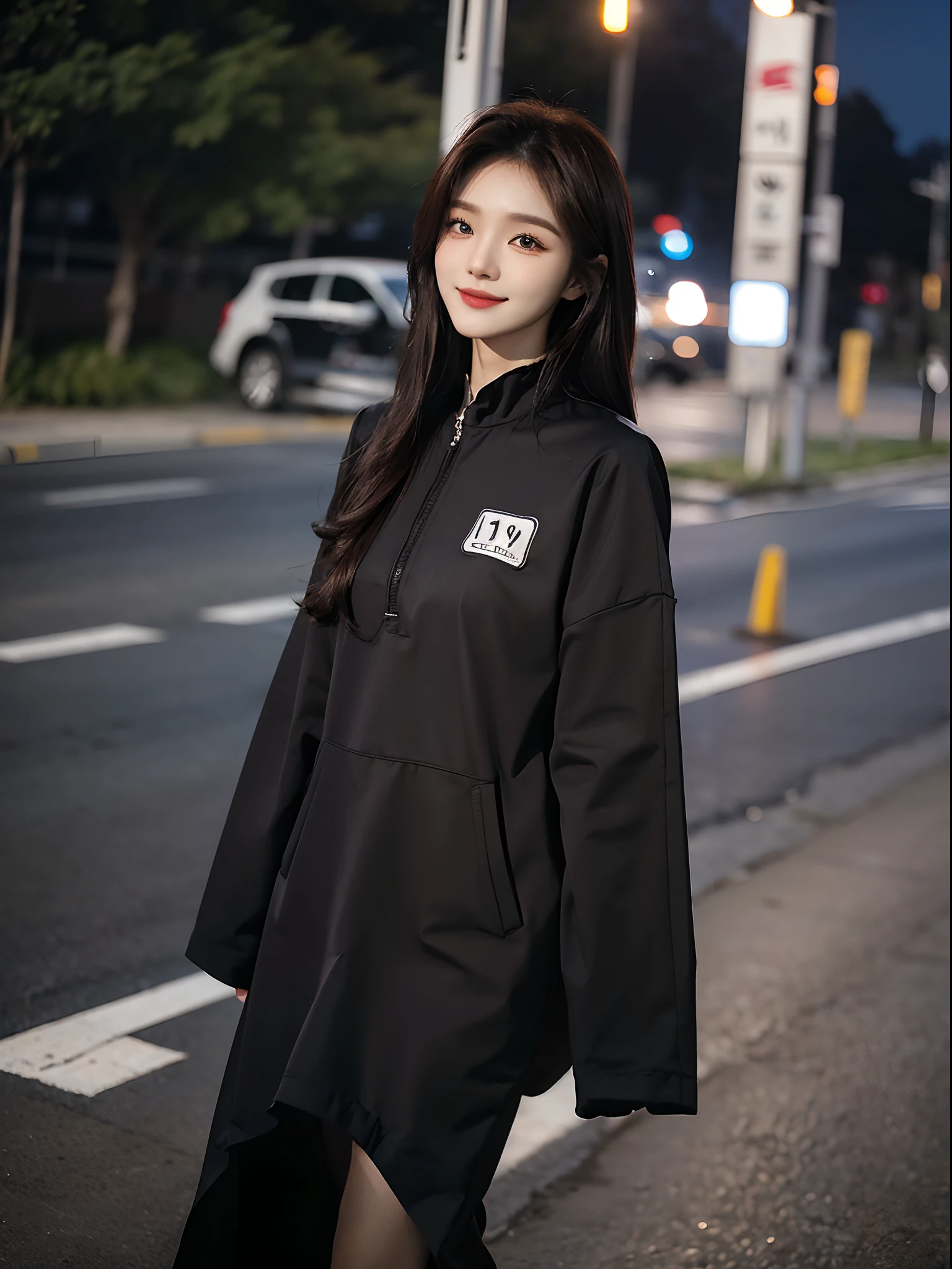 masterpiece、top-quality)、1 beutiful girl、Slim body、((Black and white plain clothes:1.1))、(Detailed beautiful eyes)、Walking together on the road at night、Face similar to Chaewon in Le Selefim、((Boyish Brown Medium Hair))、((Smaller face))、((Neutral face))、((Light brown eyes))、((Korean Girl))、((18year old))、((cool lady))、((A shy smile on his face))、((Korean Makeup))、((elongated and sharp eyes))、((Happy dating))、((boyish))、((She is walking in front of the viewer))、((Looking Up))、((shot from a side angle))