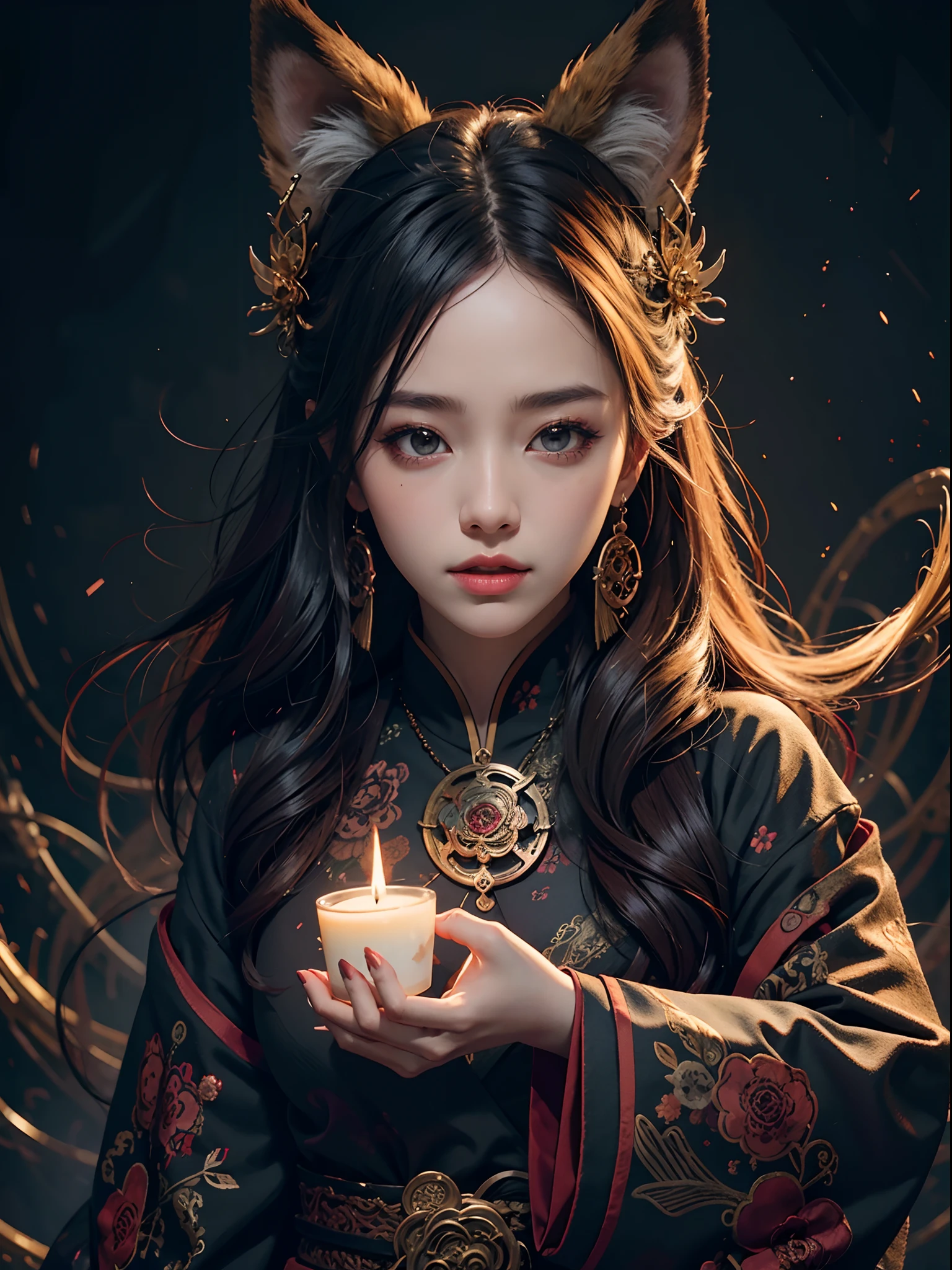 1girls, bara, official art, Unity 8k壁纸, ultra-detail, beautiful and beautiful, masterpiece, bestquality, photorealistic portrait, (abstract background:1.5) (Zentangle, Mandala, tangle, Entangle:0.7) Kitsune Witch, fox mask, Haori Jacket, Foxfire Spells, Familiar fox, transformation, Depth of Field, Amazing atmosphere., most beautiful form of chaos, Elegant, Dark theme designed by Brutalist, Flower of the Dead, ecstasy of flower