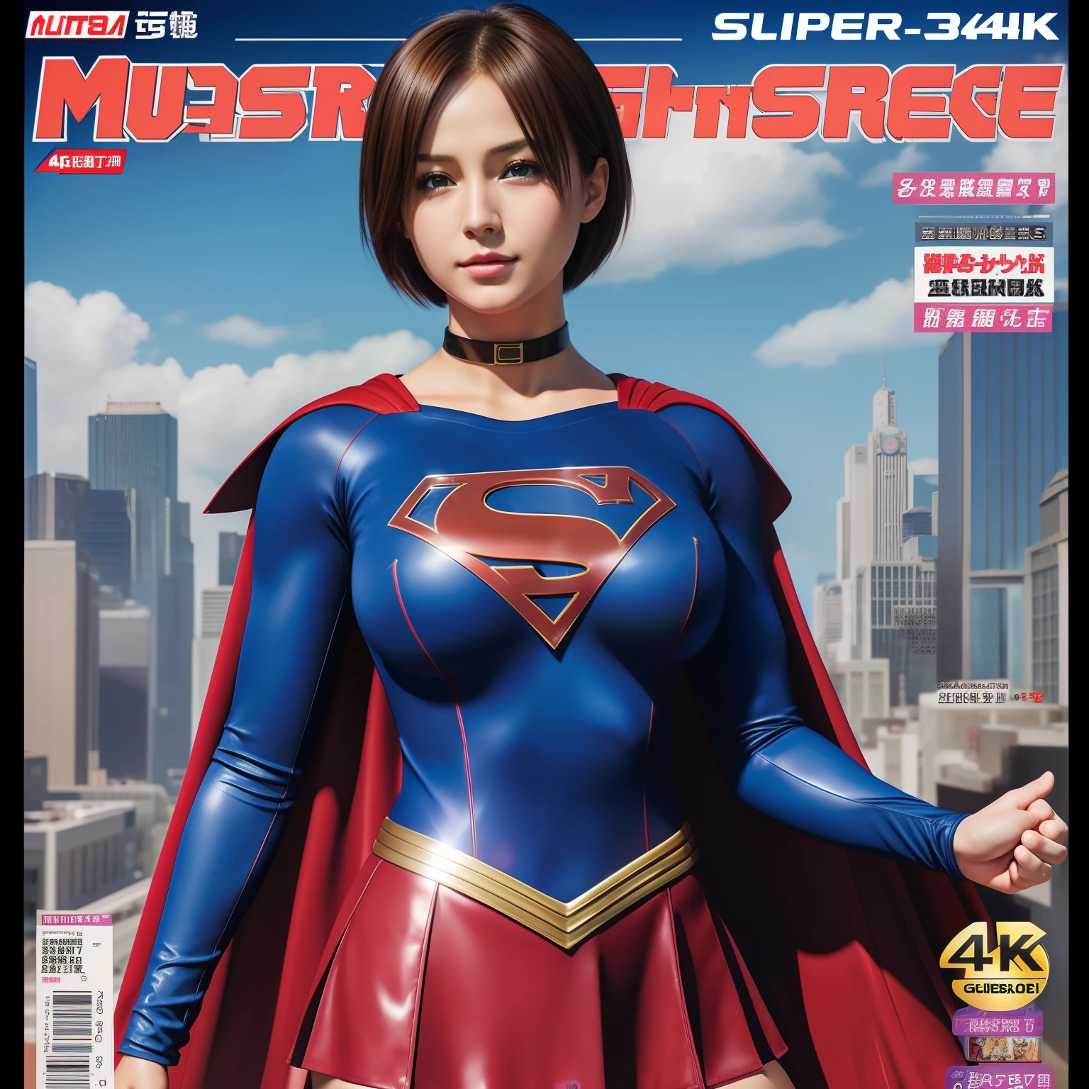 (Best Quality,4K,8K,hight resolution,masutepiece:1.2),Ultra-detailed,Realistic:1.37,Super masterpiece,Short-haired Supergirl、large full breasts、Looking at the camera、Glossy costume、a choker、Too short miniskirt、Magazine covers、Game Magazines