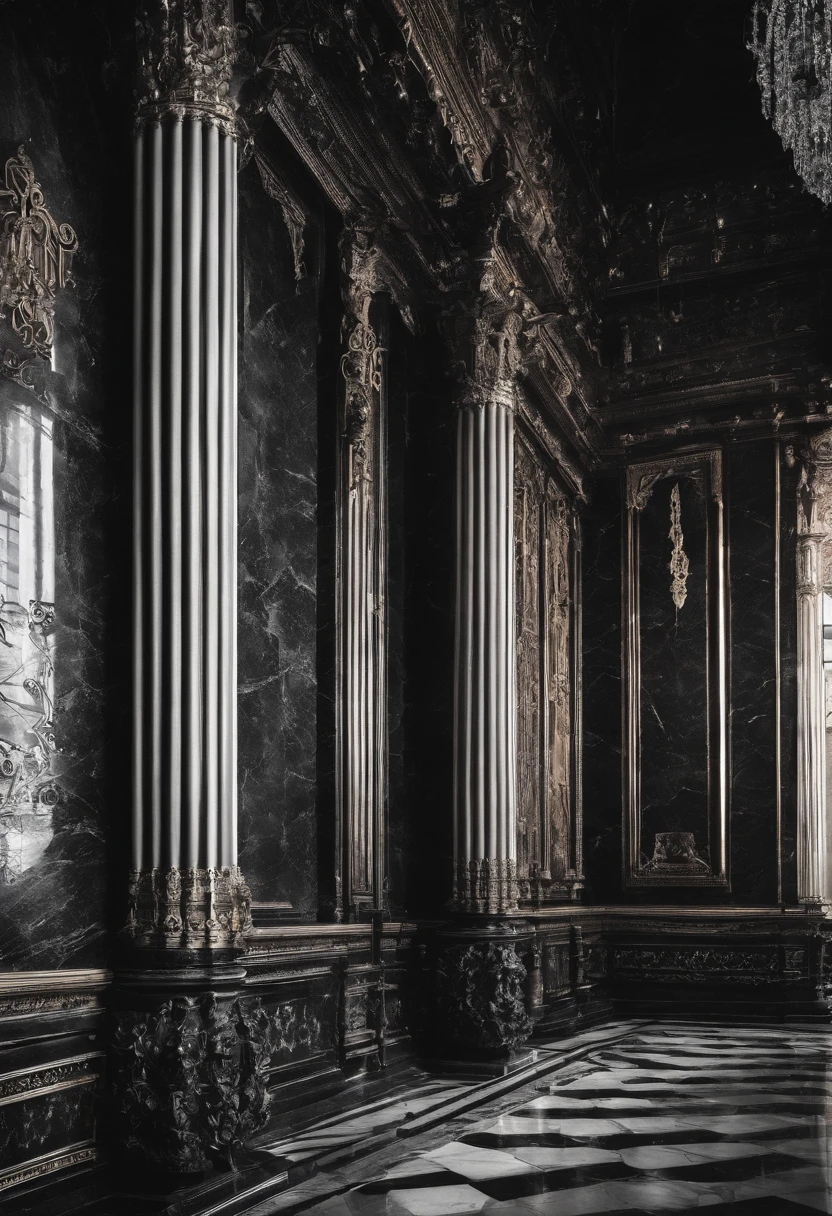 Black marble walls, The Gloomy Room, Beautiful interior, Column, ghotic, bokeh background, light bulbs