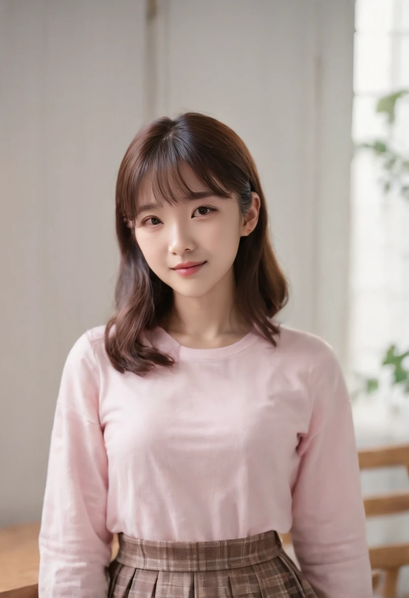 top-quality, Photorealsitic, masterpiece, 8K, Hi-Res, 独奏, 1girl, (((infp young woman))),sixteen years old、full bodyesbian、(small tits), ((Look at viewers)), (look at a camera), ((Various hairstyles close to long))、Perfect straight black hair、((With bangs))、 (profetional lighting), Highly detailed bright face、Gentle Japan girl、lovely smile、Pink T-shirt(long-sleeve)、Checked pleated skirt、Standing in the room