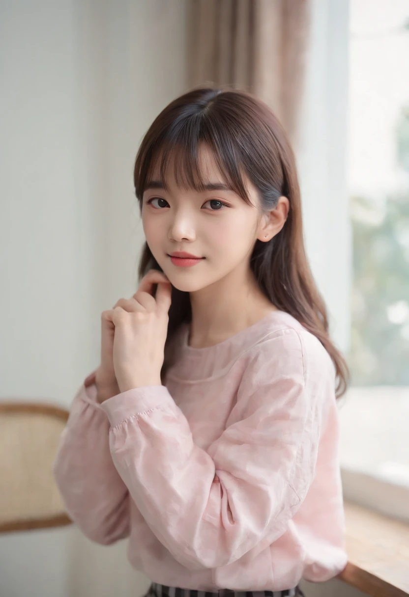 top-quality, Photorealsitic, ​masterpiece, 8K, Hi-Res, 独奏, 1girl, (((infp young woman))),sixteen years old、full bodyesbian、(small tits), ((Look at viewers)), (look at a camera), ((Various hairstyles close to long)）、Perfect straight black hair、((With bangs))、 (profetional lighting), Highly detailed bright face、Gentle Japan girl、lovely smile、Pink T-shirt（long-sleeve）、Checked pleated skirt、Standing in the room