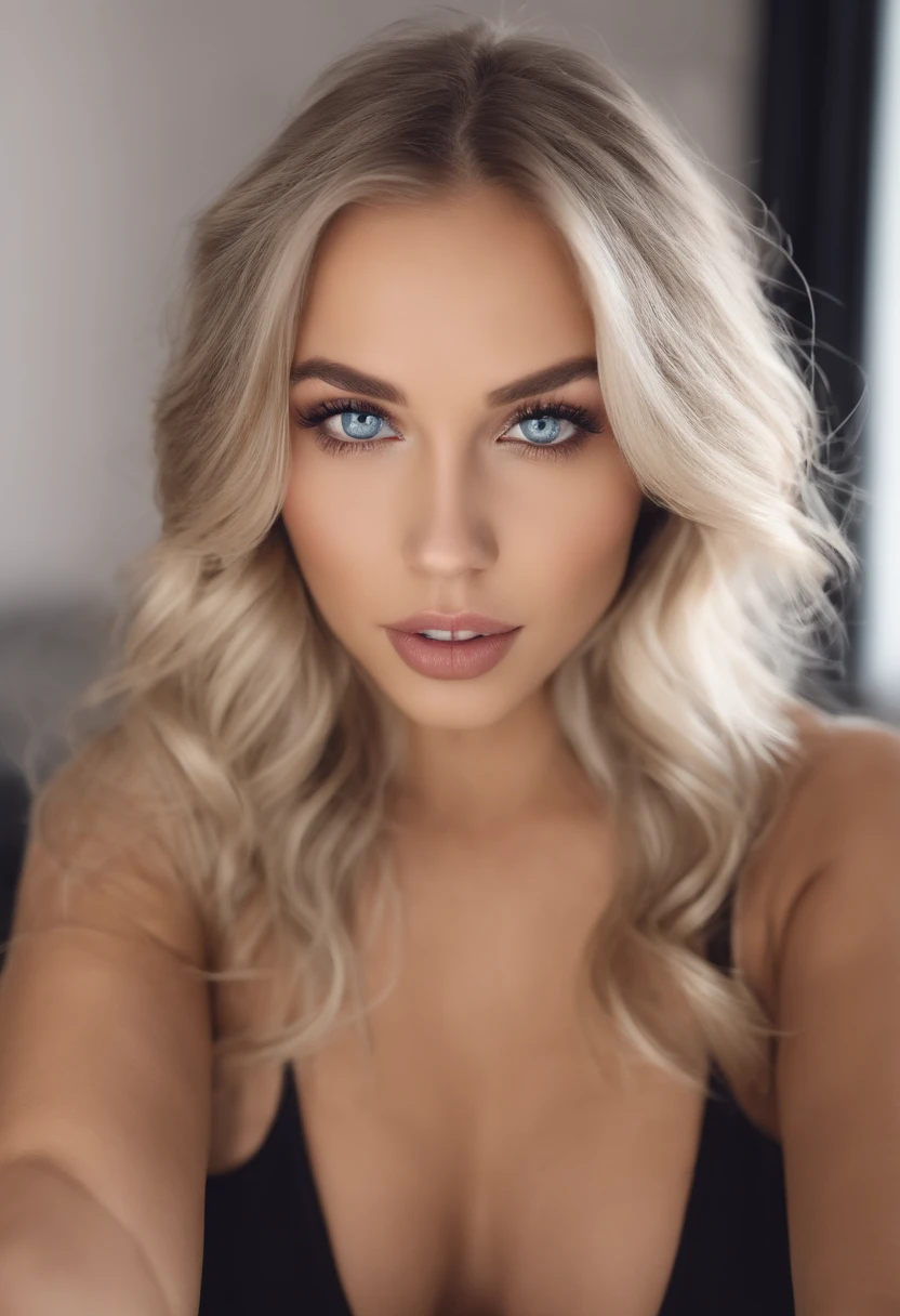 Woman with matching tank top and panties, Sexy girl with blue eyes, portrait sophie mudd, portrait corinna kopf, blonde hair and large eyes, Selfie einer jungen Frau, Augen im Schlafzimmer, Violet Myers, ohne Make-up, Natural makeup, Blick direkt in die Kamera, Gesicht mit Artgram, dezentes Make-up, Stunning full body shot, im Schlafzimmer, Spaltung