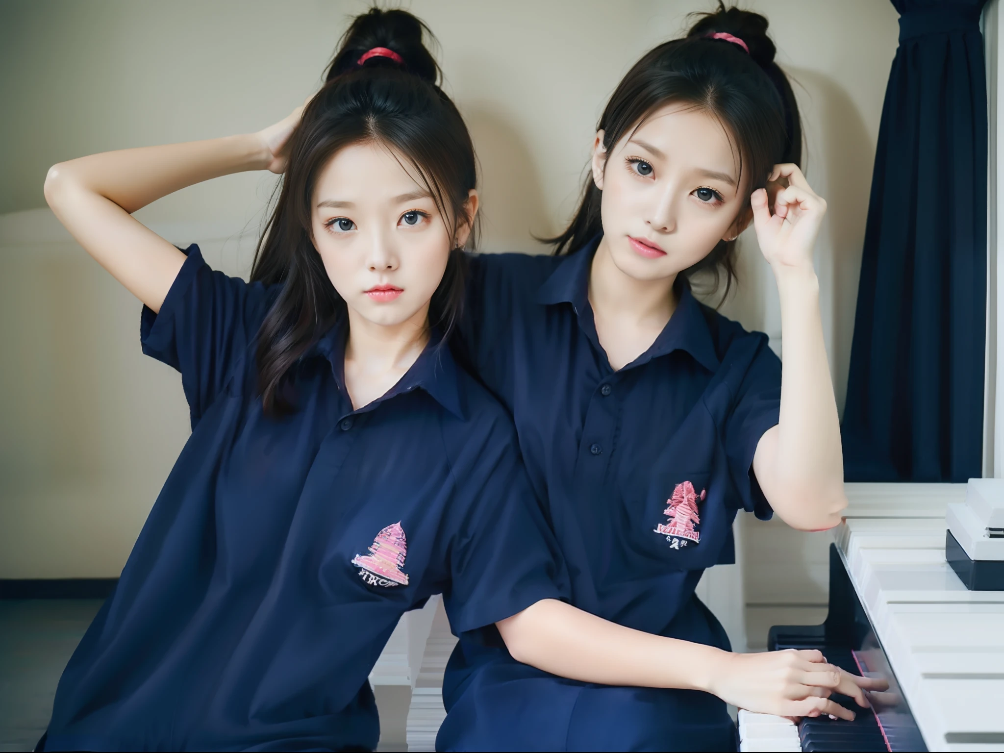 2girl in piano room,navy shirt,longtrackpants,masterpiece,cute face