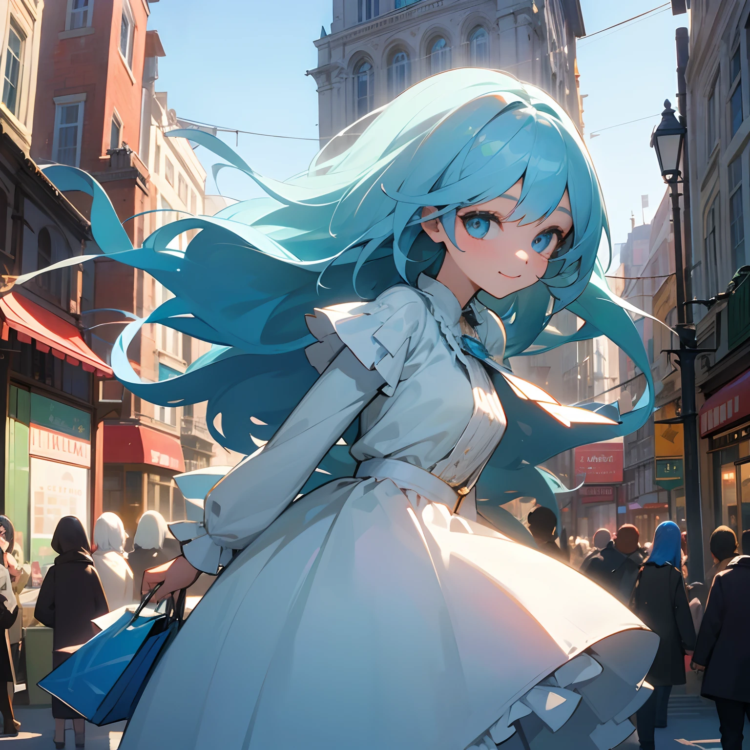 Beautiful illustration、top-quality、(dynamic ungle)girl with、lightblue hair、length hair、A slight smil、Delicat eyes、shopping、Downtown、European-style building