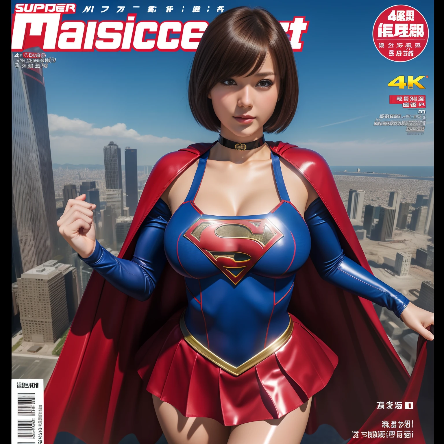 (Best Quality,4K,8K,hight resolution,masutepiece:1.2),Ultra-detailed,Realistic:1.37,Super masterpiece,Short-haired Supergirl、large full breasts、Looking at the camera、Glossy costume、a choker、Too short miniskirt、Magazine covers、Game Magazines