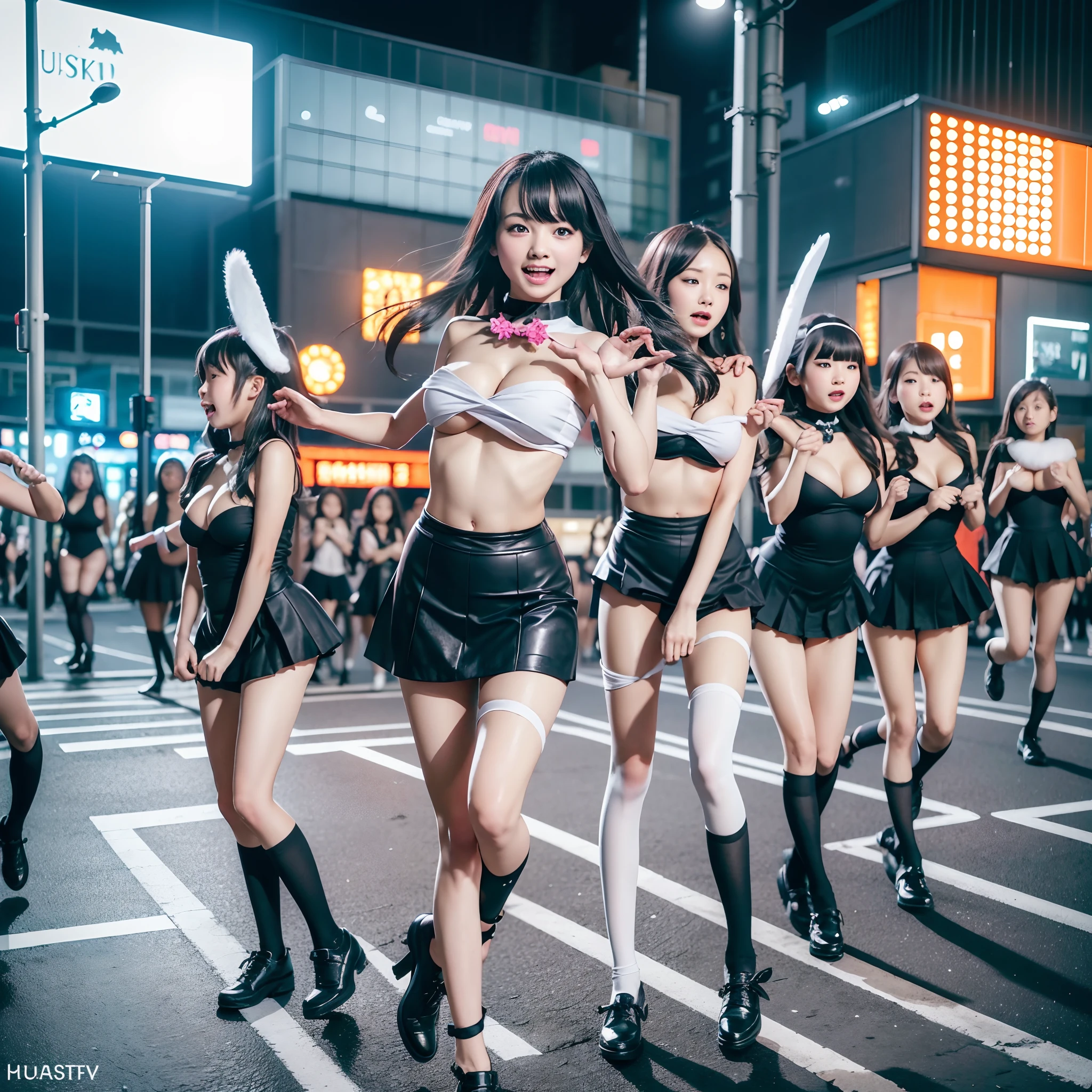 (((SFW, 12 Tiny Girls in a row:1.2, Shibuya Hachiko-mae scramble crossing on Halloween:1.2))), (masterpiece:1.2, best quality, photorealistic:1.37), {(Standing Full Body:1.2)|(from below:1.2)}, short silver hair, {School Uniform|naked bandage|tutu}, (Detailed KAWAII face, Detailed Oily Porcelain skin), {Bustling street|(Passerby schoolgirls)| halloween| neon}, {(Childish:1.2|Gigantic Cleavage:1.37|Underboob:1.2)}, {flower wreath|Red leather high collar}, {Floating hair|Strong wind|Ass focus},{:p|:d|laugh|sparkle|joyful|delighted},extremely Detailed,